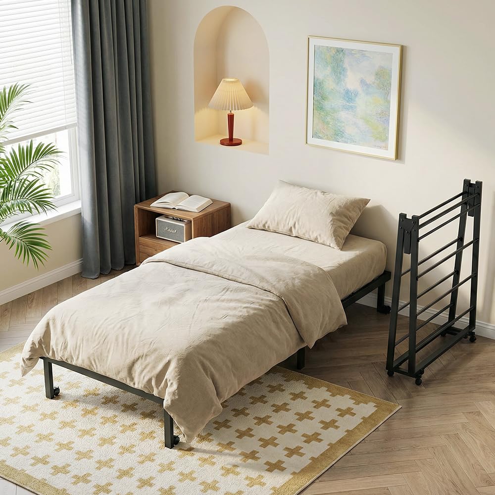 Cama Plegable para 1 Persona de Metal, Marco de Cama Individual, 90 x 190 cm, Marco de Cama Plegable con 4 Ruedas, Negro