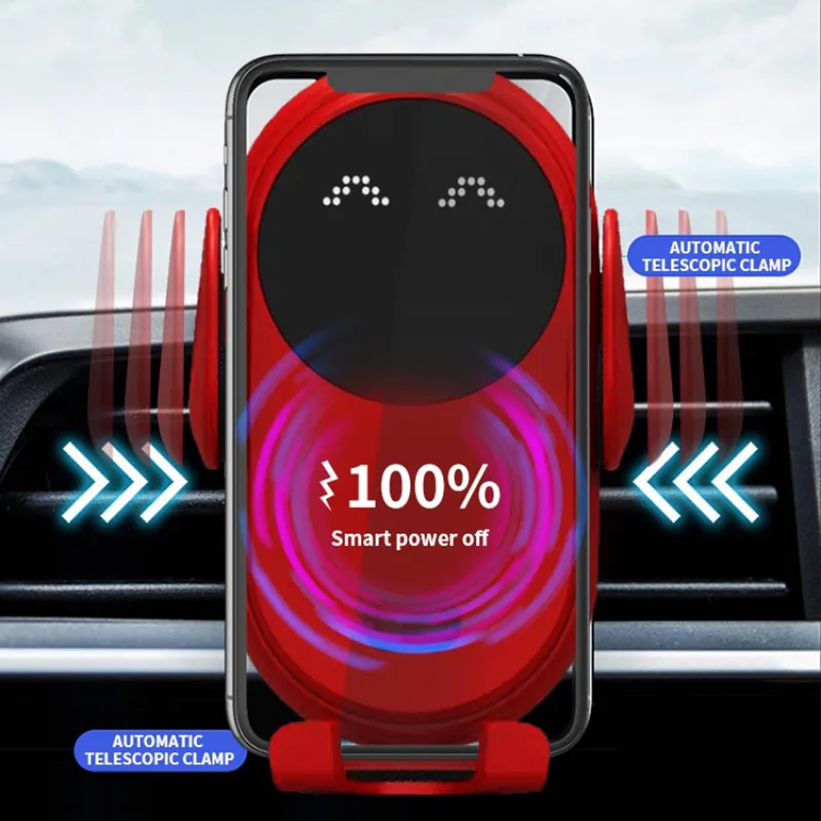 Supporto Telefono Auto Con Caricabatterie Wireless Qi - Rosso - Blocco Automatico E Rotazione 360°