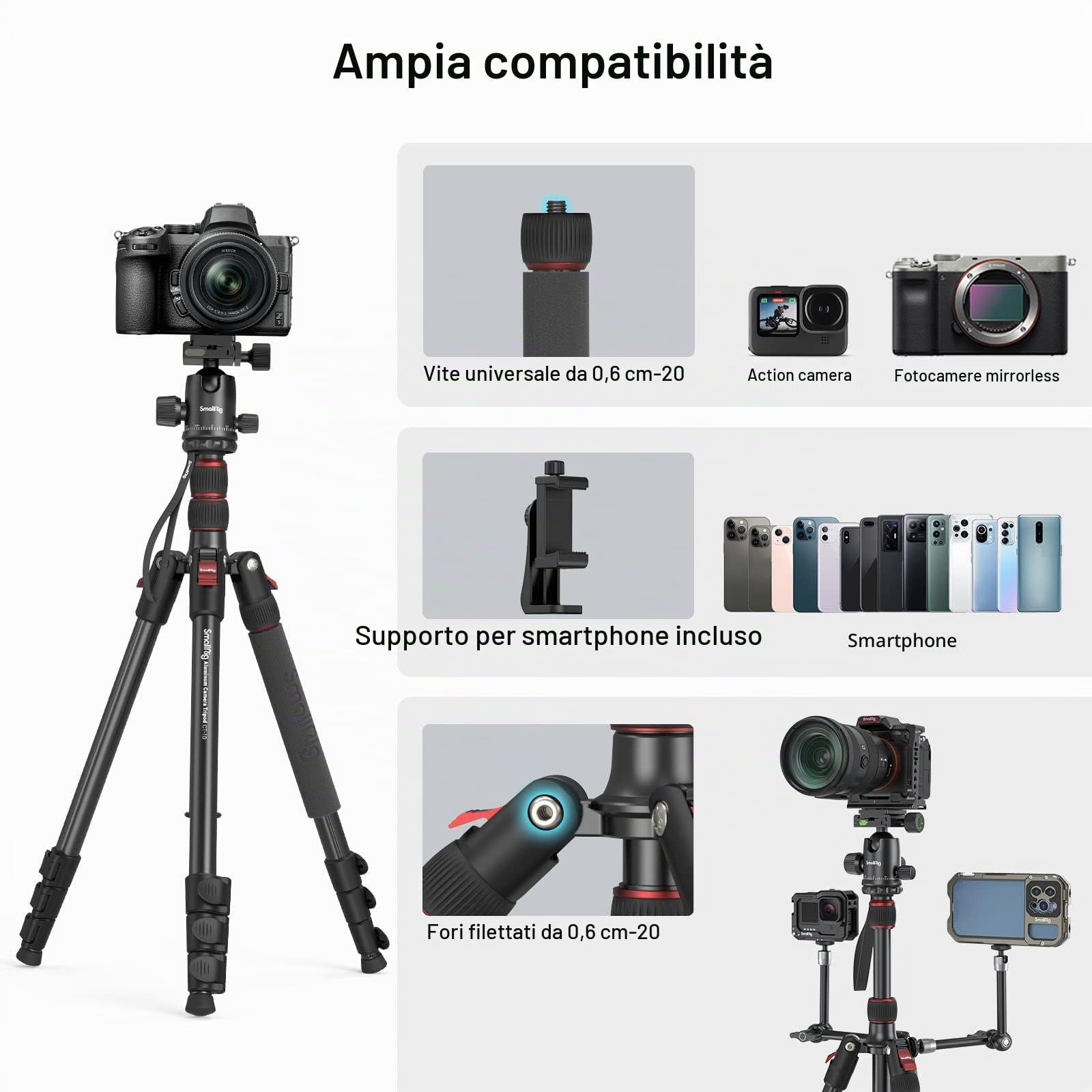 SMALLRIG Treppiede per Fotocamera Monopiede, Treppiede in Alluminio Leggero e Portatile da 72" 182 cm, Testa a Sfera a Sgancio Rapido a 360°, Carico Massimo 15 kg, Regolabile da 17" a 72" - 3935