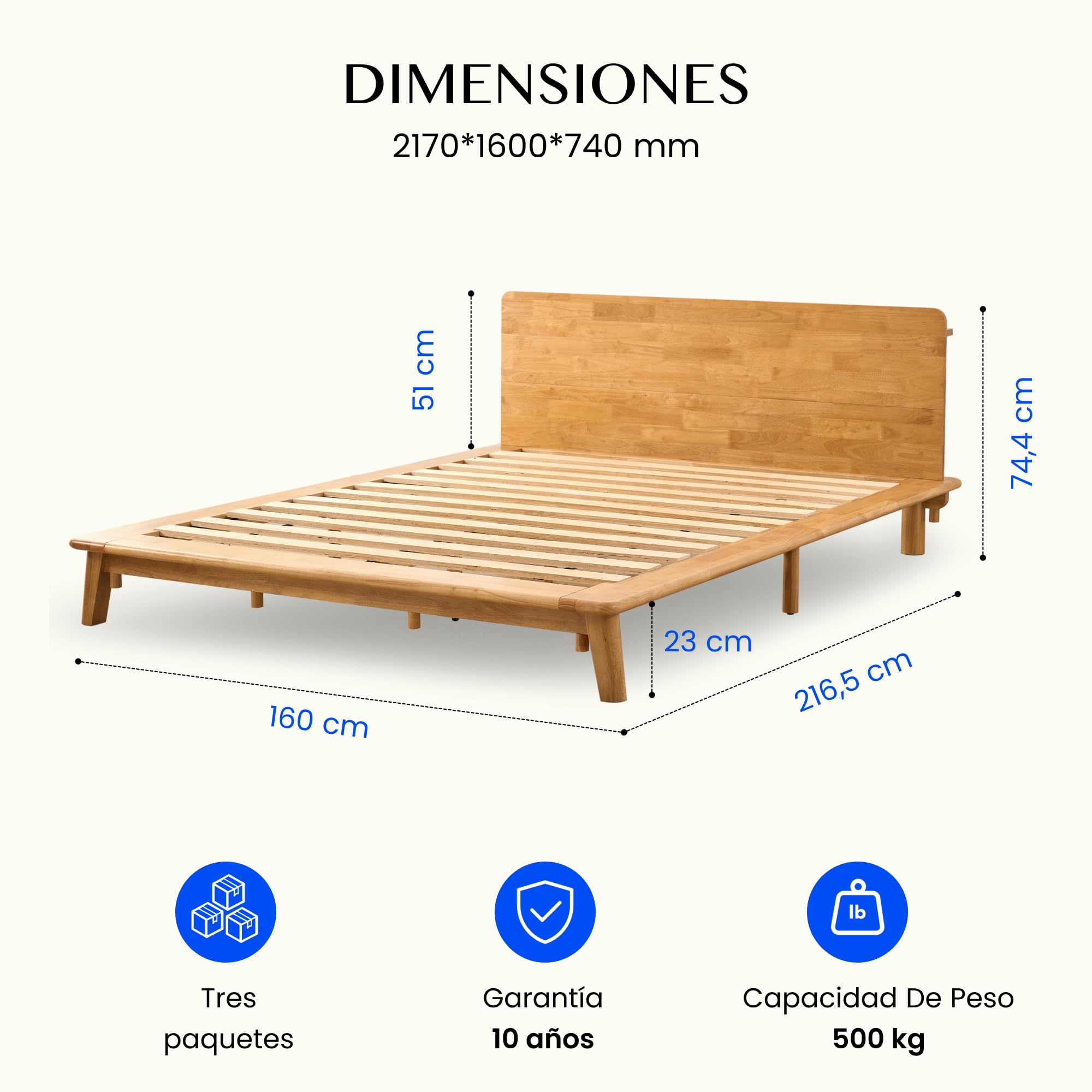 FLEXISPOT Cama de Madera Maciza 160x200 cm, Cama Doble de Madera de Caucho Natural, Sin Formaldehído, Montaje Sin Herramientas, Cabecero con Estante, Diseño Japandi, Cama Matrimonio Hako G1