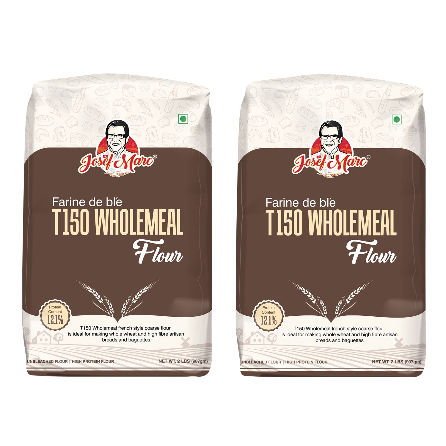 JOSEF MARC Farine De Bl'e T150 Whole Meal Flour, 2 LBS (907 grams) - Unbleached & High Protein Flour, Fine Ground Whole Wheat Flour (Pack of 2) Unbleached Baking Flour & High Protein Baking Flour