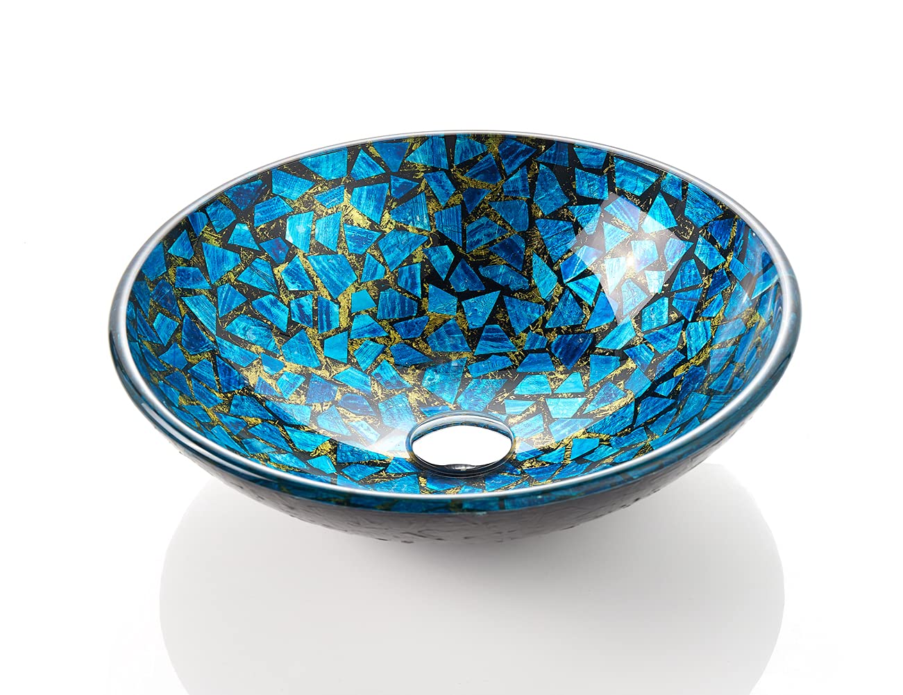 Hyacin Series - Fregadero redondo de mosaico de vidrio templado decorativo en azul estrellado | Fregaderos de montaje superior sobre encimera | Fregadero de encimera de tocador con drenaje 8