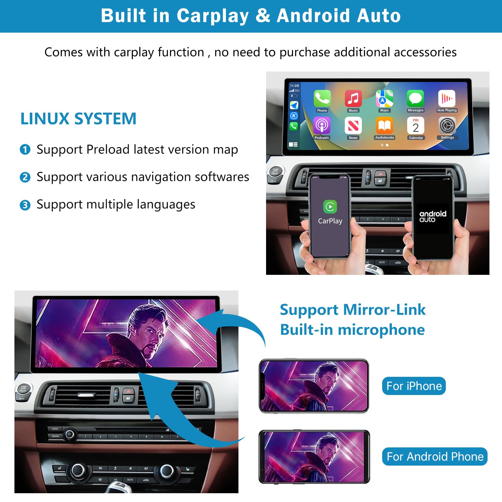 12.3'' Radio samochodowe, Apple CarPlay/Android Auto/Mirrorlink/GPS dla BMW serii 5 F10/F11 z lat 2010-2012 z radiem samochodowym z ekranem dotykowym CIC, nawigacją GPS do samochodu