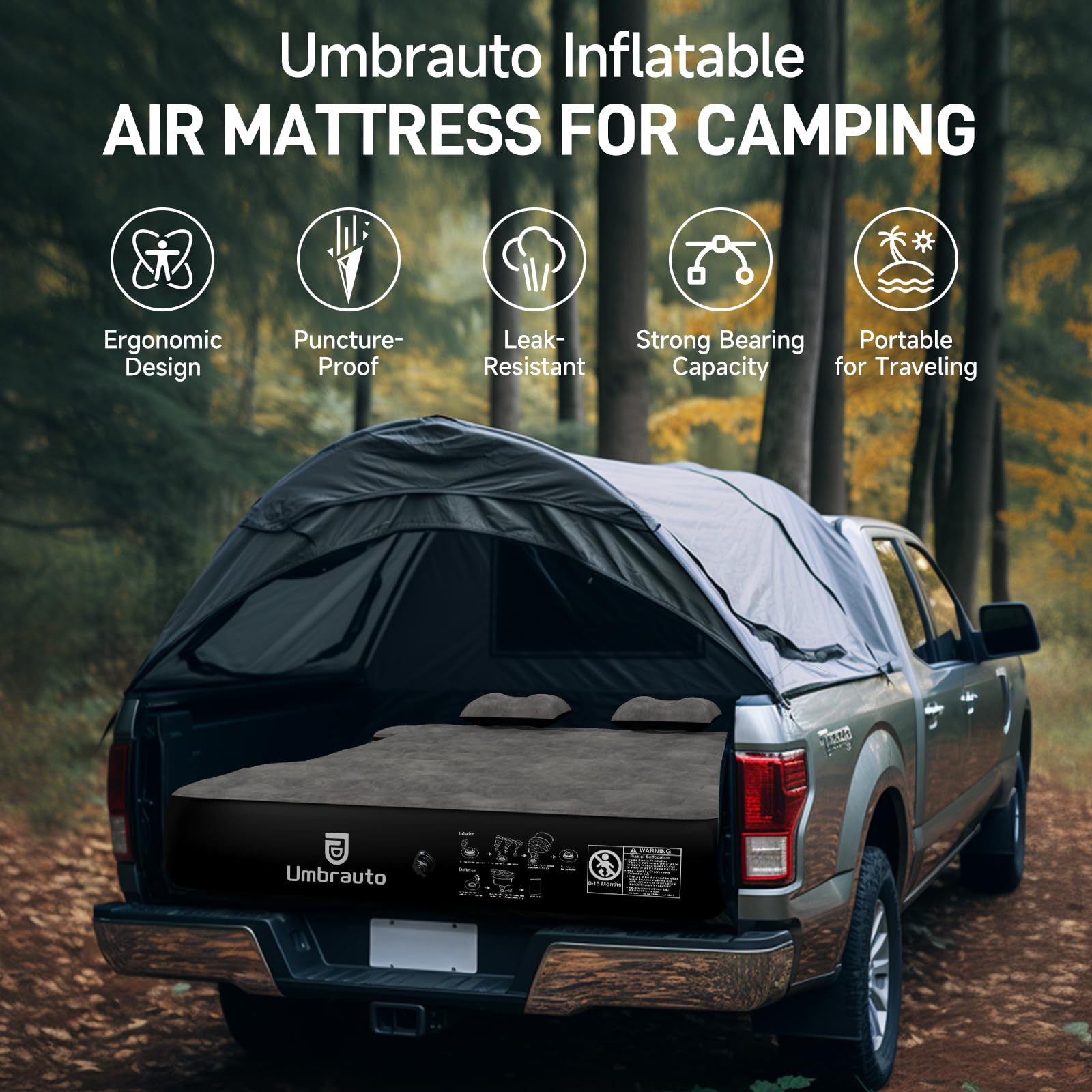 Umbrauto Materac dmuchany do 1,8-2 m, pełnowymiarowe krótkie łóżka ciężarówki, nadmuchiwany namiot ciężarowy z pompką, łóżko dmuchane do kampera na kemping