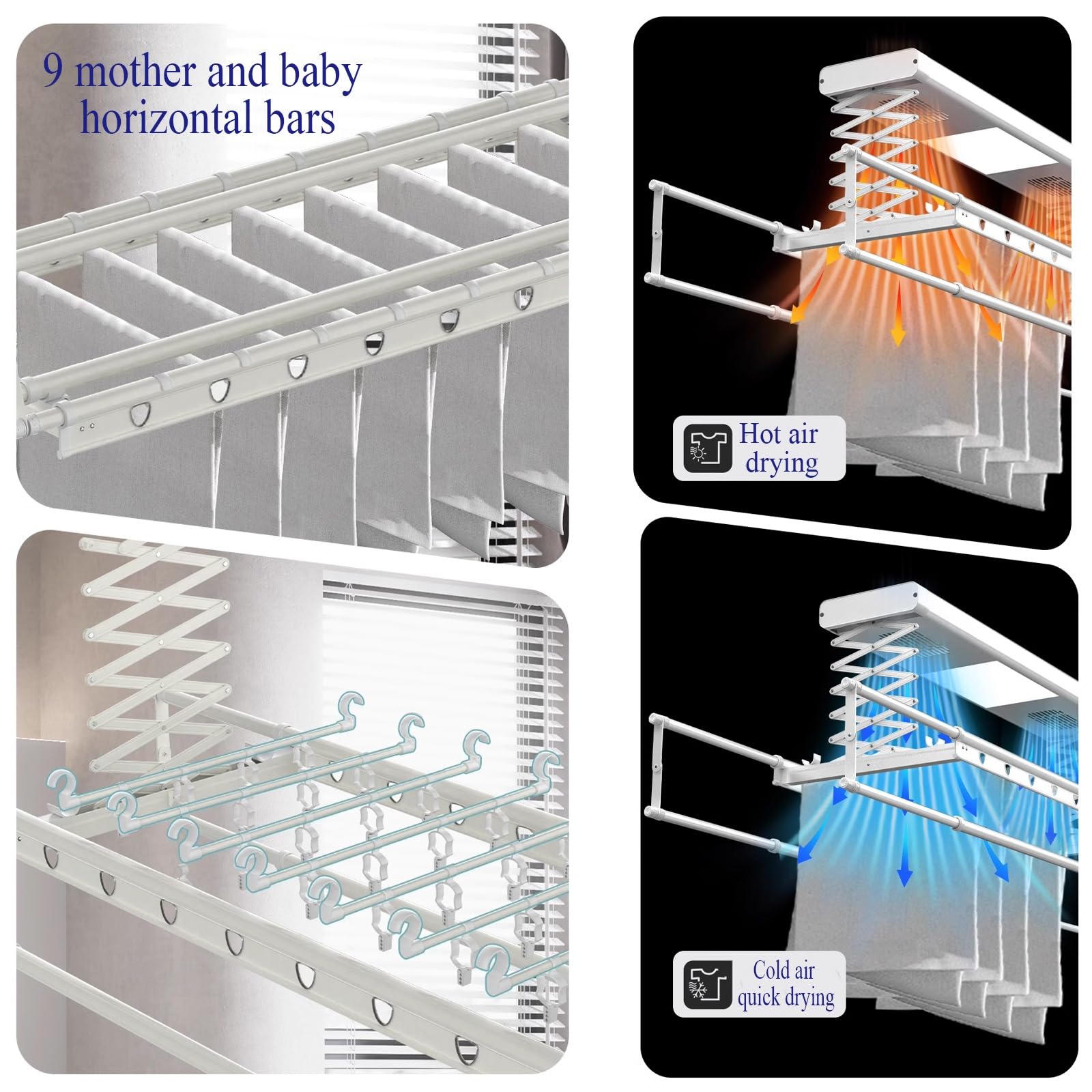 Tendedero eléctrico para Toallas de 120 cm, tendedero retráctil para Ropa de Interior para Colgar sábanas, tendedero de Techo con Capacidad de Carga de 35 kg., White