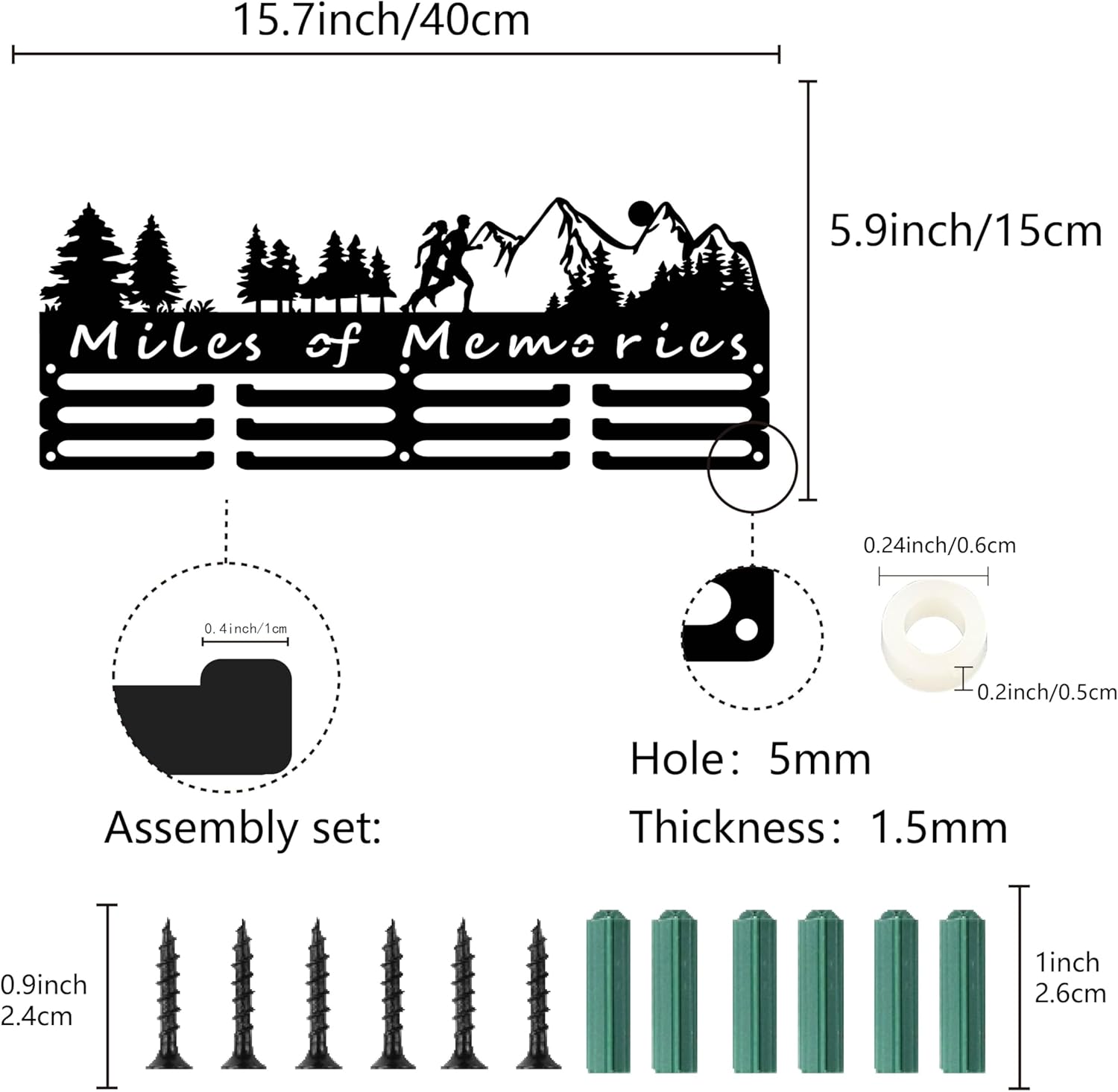 CREATCABIN Medal Hangers Display Holder Rack Sports Metal Hanging Athlete Awards Iron Wall Mount Decor for Over 60  Medals - Running, Marathon, Football - Black - 15.7x5.9 Inch - Miles of Memories