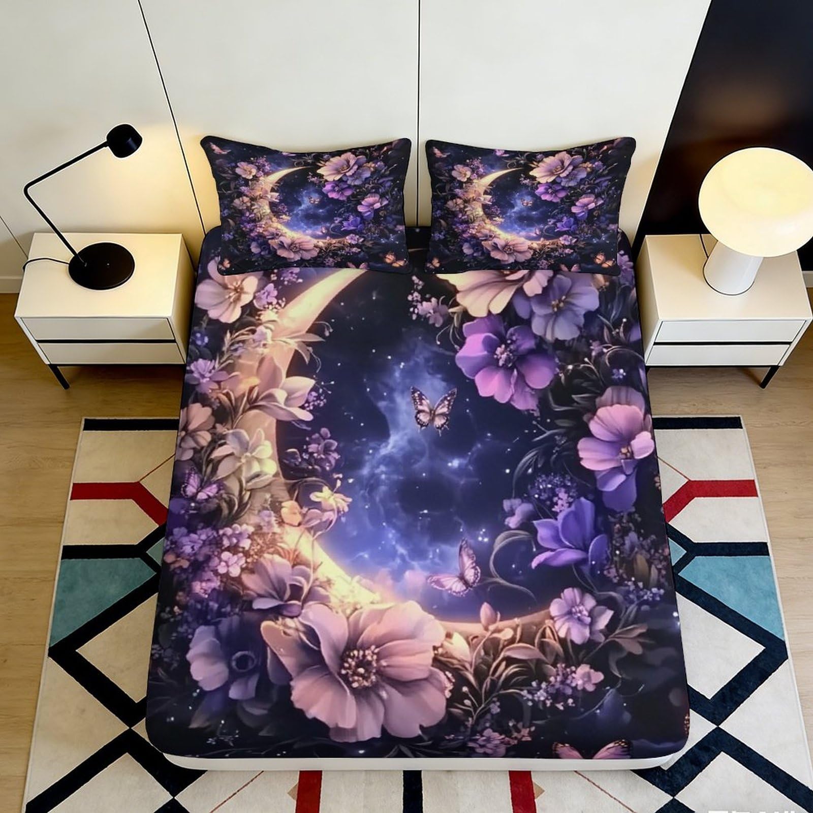 3D Printed Purple Floral Moon Fitted Sheet Microfiber Soft Durable Starry Night Bed Sheet for Bedroom Dormitory Guest Room Mattress Protection 160x200x25cm