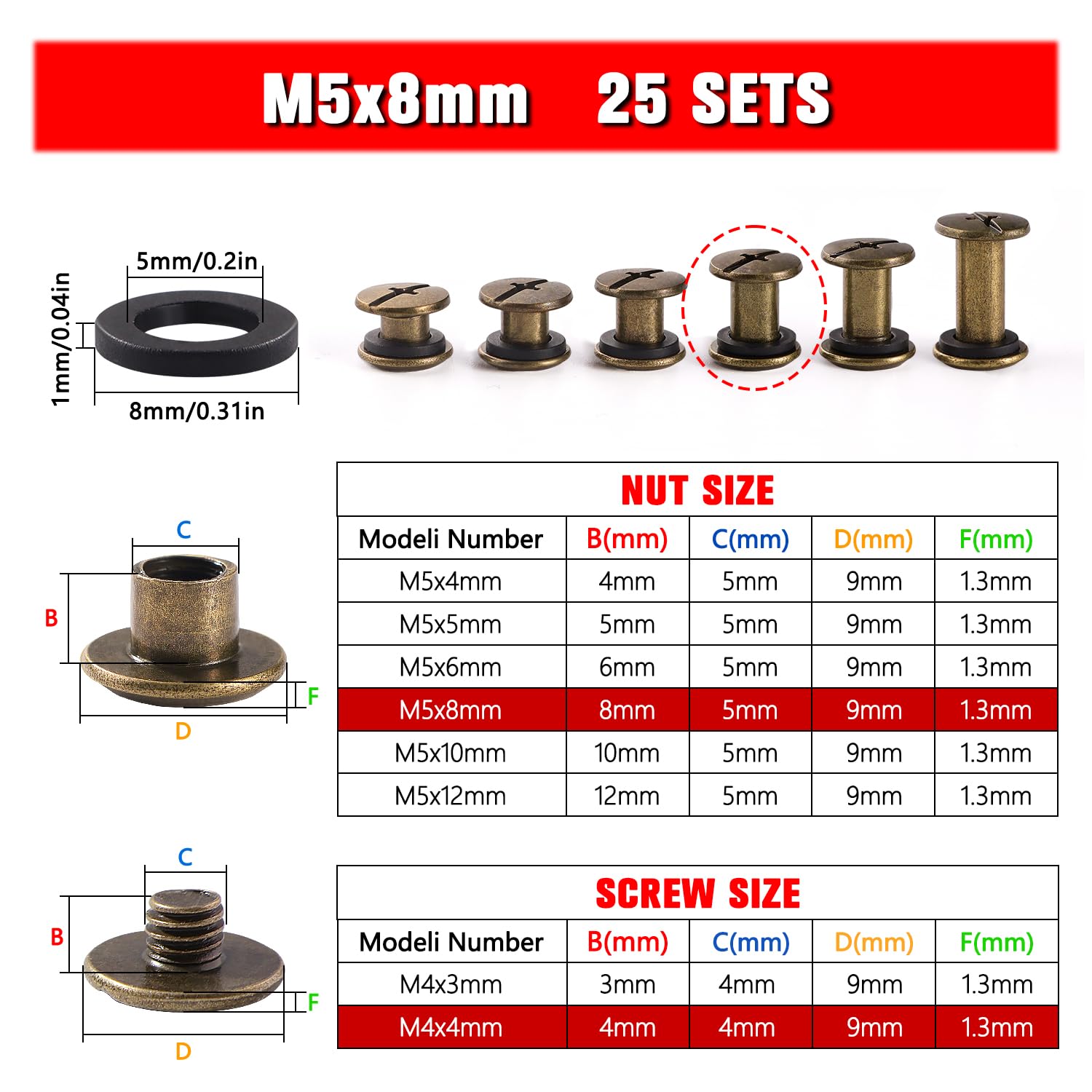 YIXISI 25 Set M5x8mm Chicago Binding Screws Kit, Book Binding Rivets, Leather Rivets, Binding Screws Posts - Image 2