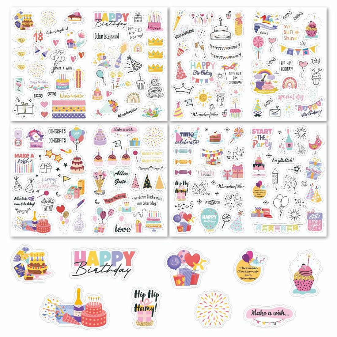 225 Pegatinas De Cumpleaños (4 Hojas) - Motivos En Alemán E Inglés, Decoración Fiesta Adultos Y Niños