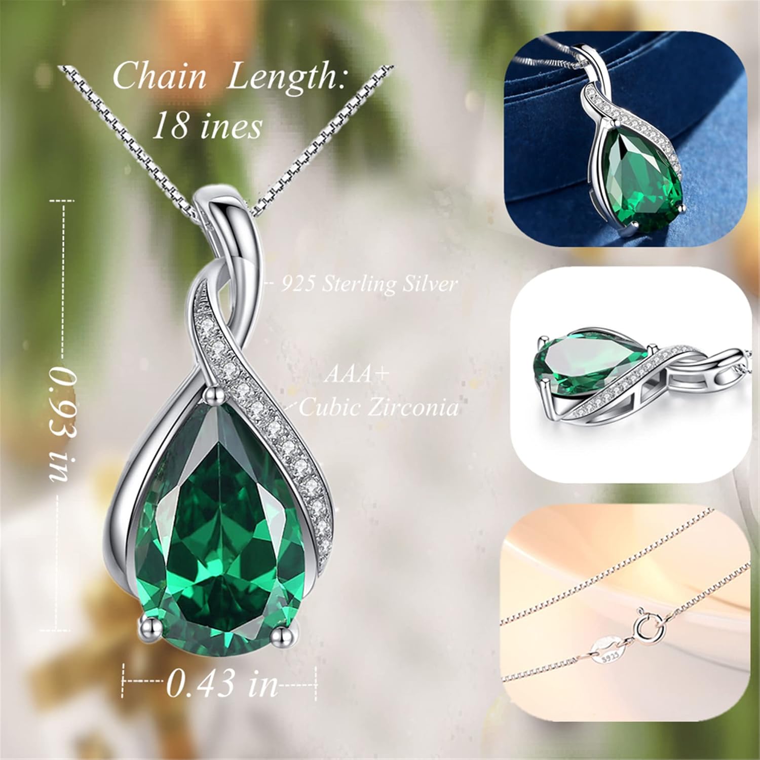 MABELLA Classic Sterling Silver Pendant Necklace Pear Cut Simulated RUBY SAPPHIRE EMERALD Birthstone Jewelry Gifts for Women - Image 2