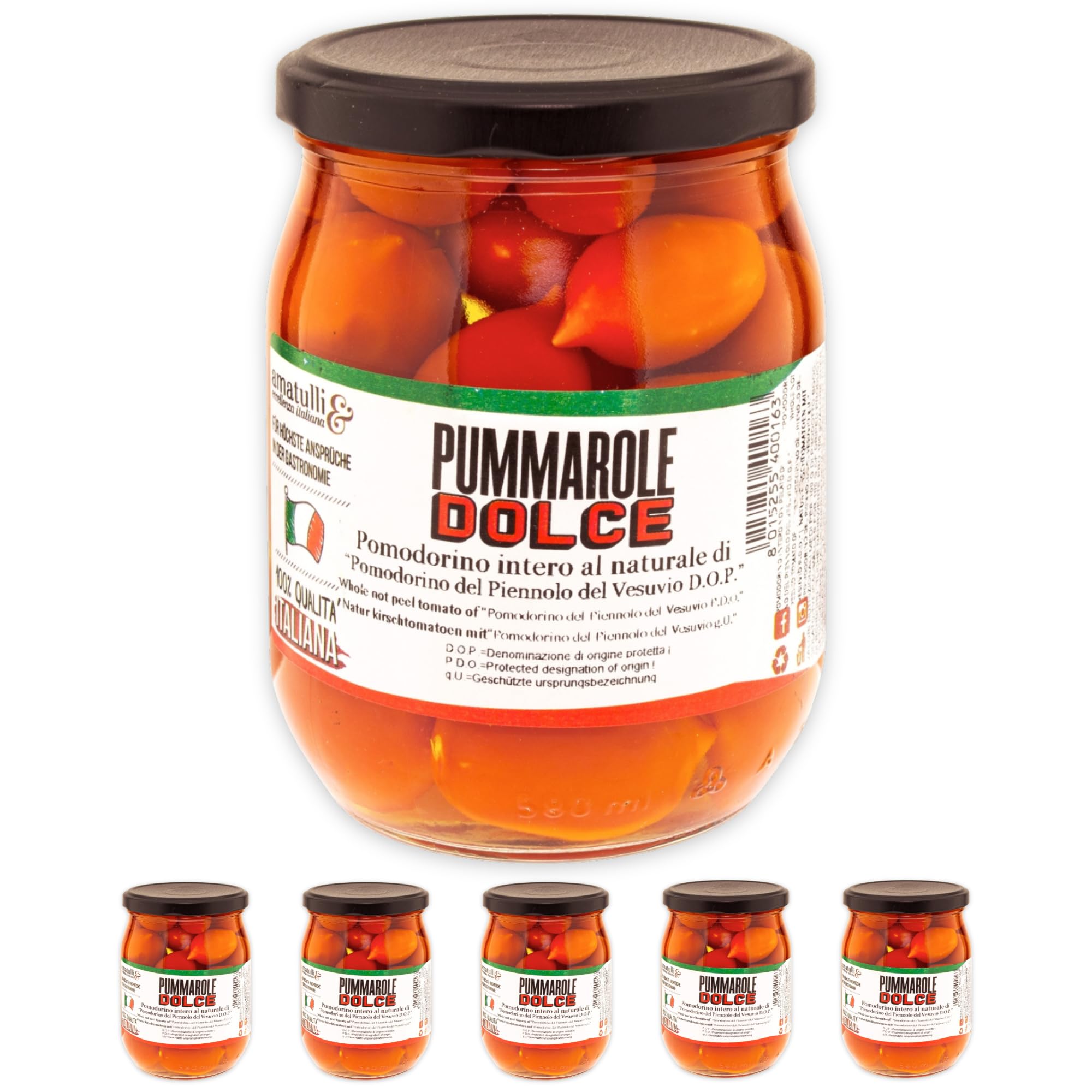 Pummarole Dolce - Italienische Pomodorino del Piennolo Tomaten im Glas - Sonnengereifte ganze Premiumtomaten - D.O.P aus Neapel am Vesuv Vulkan angebaut - für Pizza, Pasta & Saucen (6 Gläser)