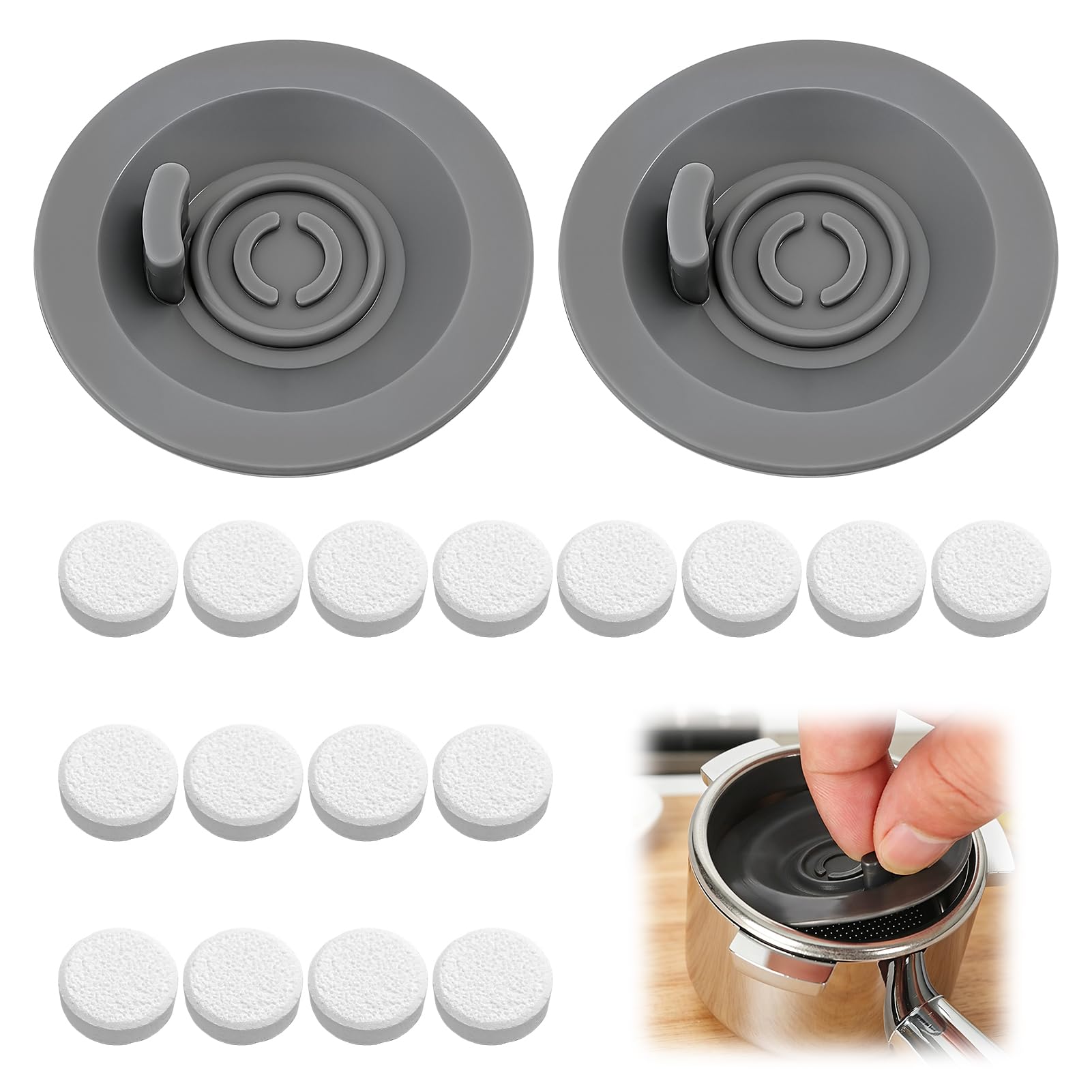 2 Pcs 54mm Espresso Cleaning Discs & 16 Coffee Machine Cleaning Tablets Kit Silicone Cafe Machine Cleaner Set Compatible with Sage Ninja Luxe Breville & Most Espresso Coffee Machines (Grey)