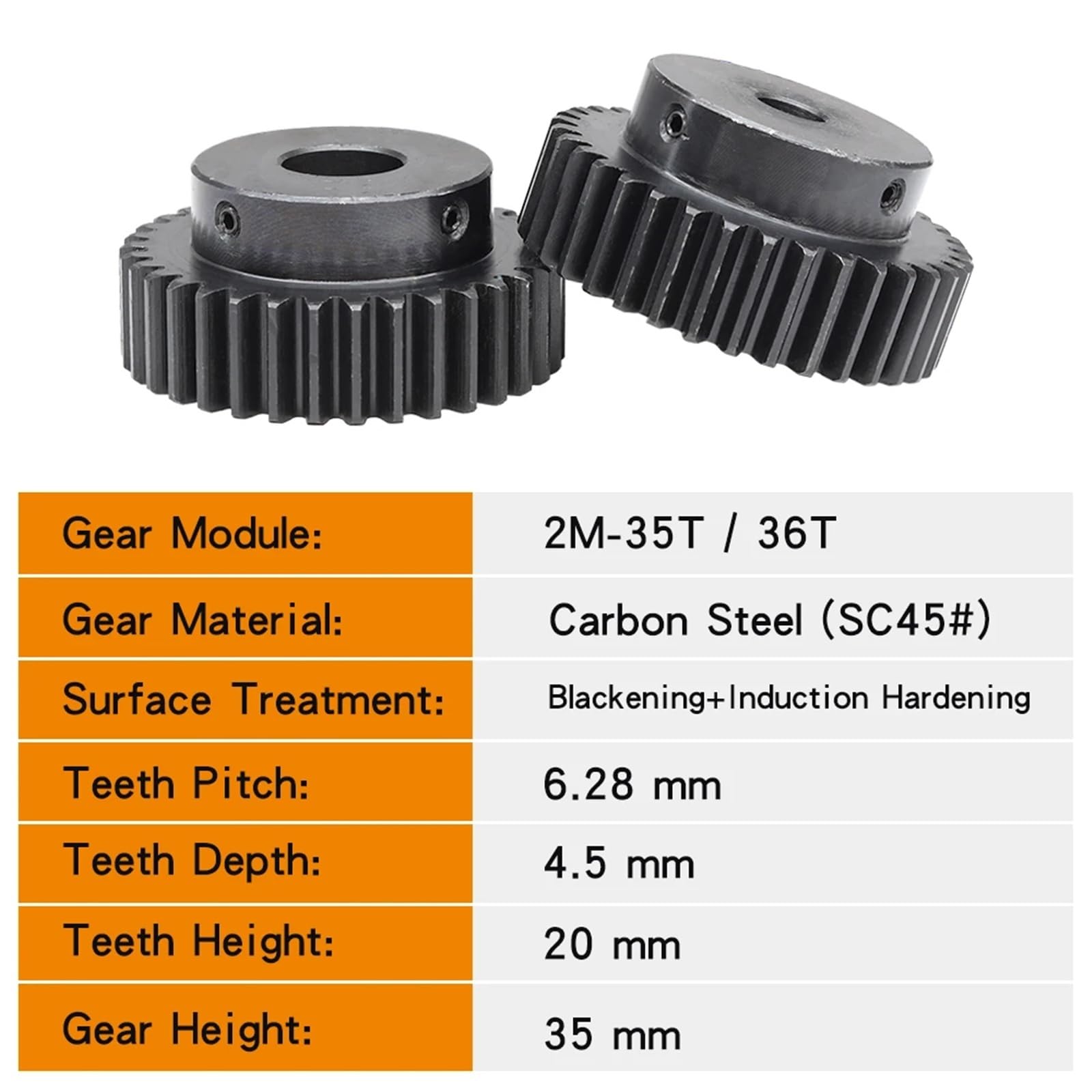 Set di Ingranaggi del pignone, 2M-35T/36T Alesaggio 10/12/14/15/19/20/25 mm Ruota dentata annerita SC45#Acciaio al Carbonio Altezza Denti 20 mm Altezza ingranaggio 35 mm(2M36T - Bore 20 mm)
