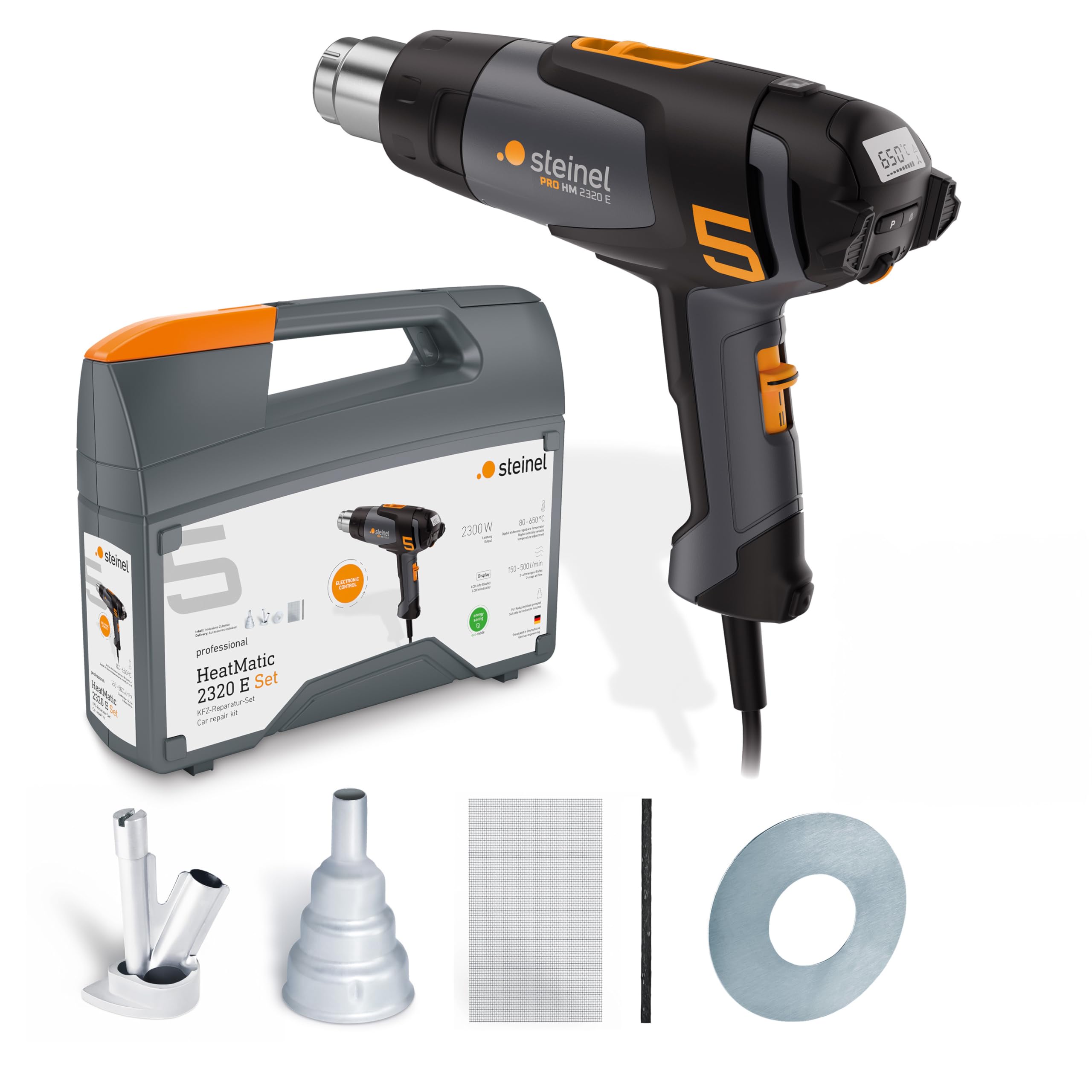 Steinel Hot Air Gun HM 2320 E, incl. Nozzles and Consumables, 80°- 650°C, Heat Gun 2300W, ECO Mode, Car Repair Kit