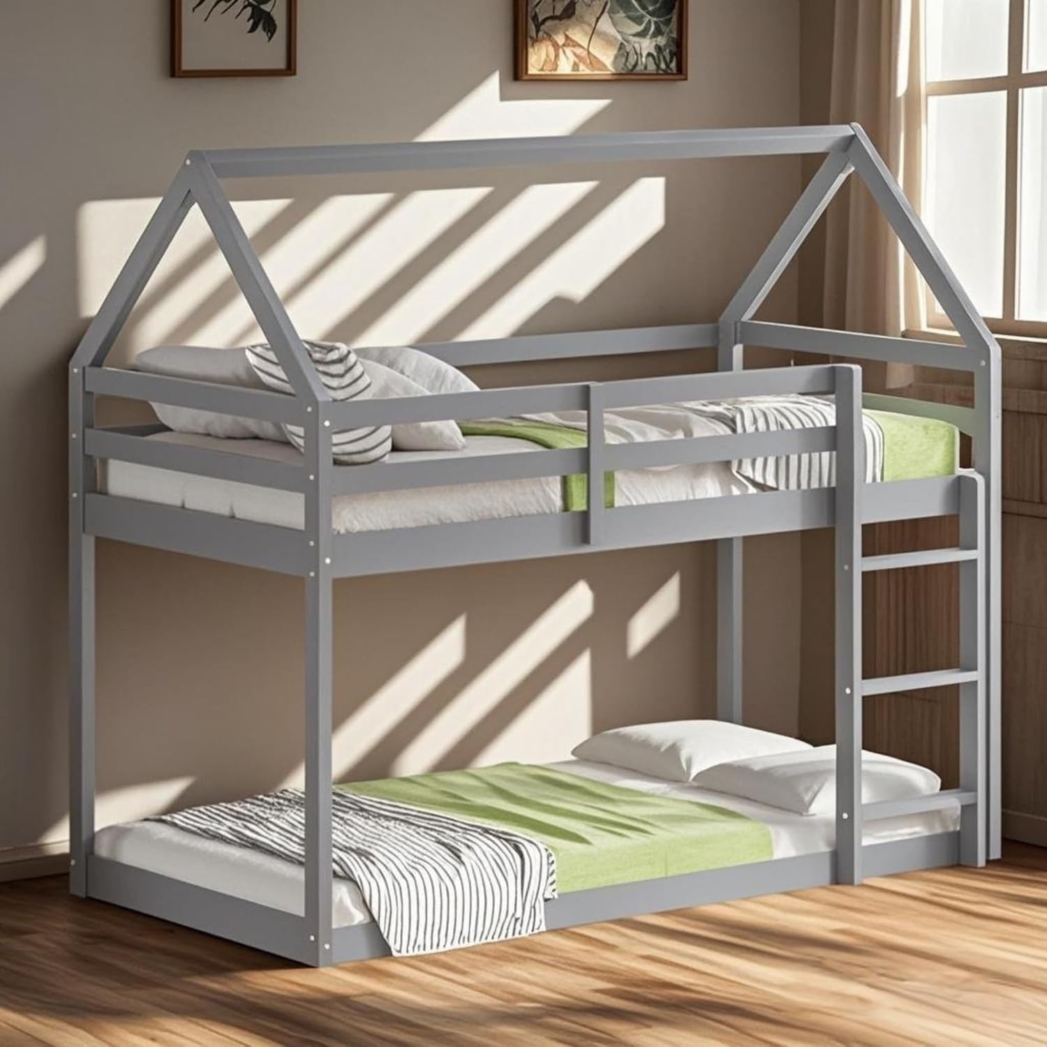 Bellemave Twin Over Twin Bunk Bed, Wooden House Bunk Bed with Ladder and Guardrail for Bedroom, Dormitory, Floor Bunk Beds with Headboard and Footboard for Kids, Teens, No Box Spring Needed, Grey