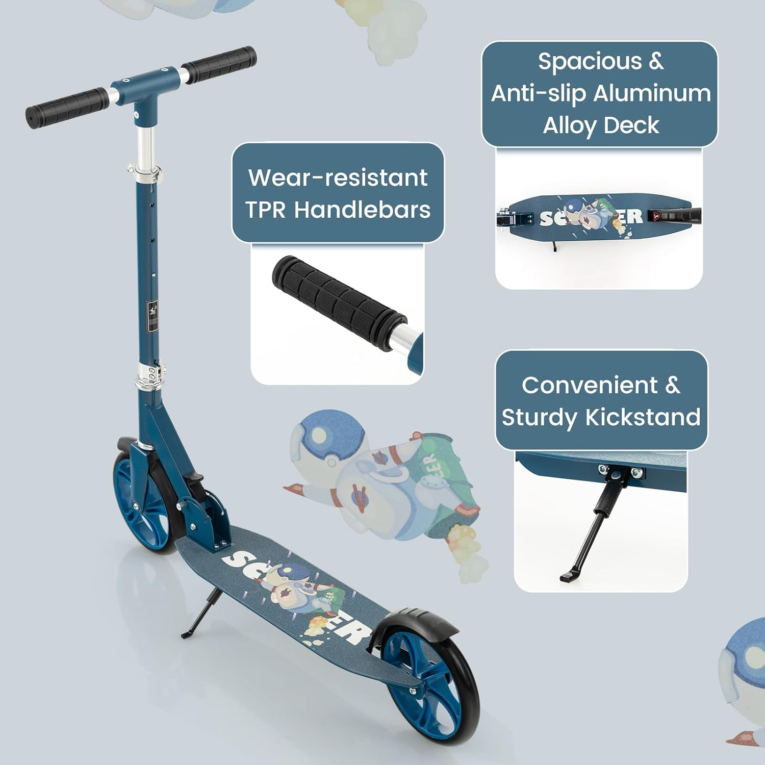 Costzon Kick Scooter for Kids Ages 8+, Foldable Kids & Adults Scooter with 8-inch Big Wheels, 3 Adjustable Heights, Max Load 220 LBS, Portable Scooters for Teens Boys Girls Gifts Presents (Blue)