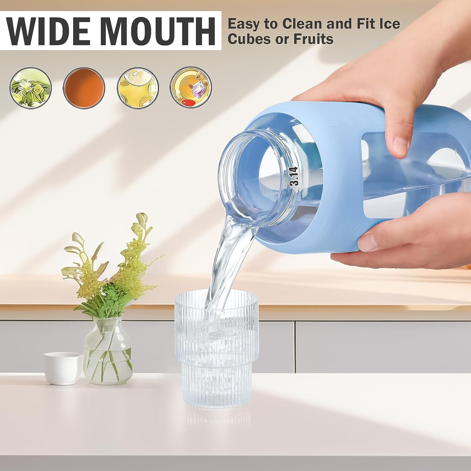 BLUEGO 84oz Glass Water Bottles with Sturdy Stainless Steel Handle, Large Water Bottle with Straw Sip & Chug Lid, 2.5L Water Jug Silicone Sleeve with Time, Daily Travel Sports, Light Blue