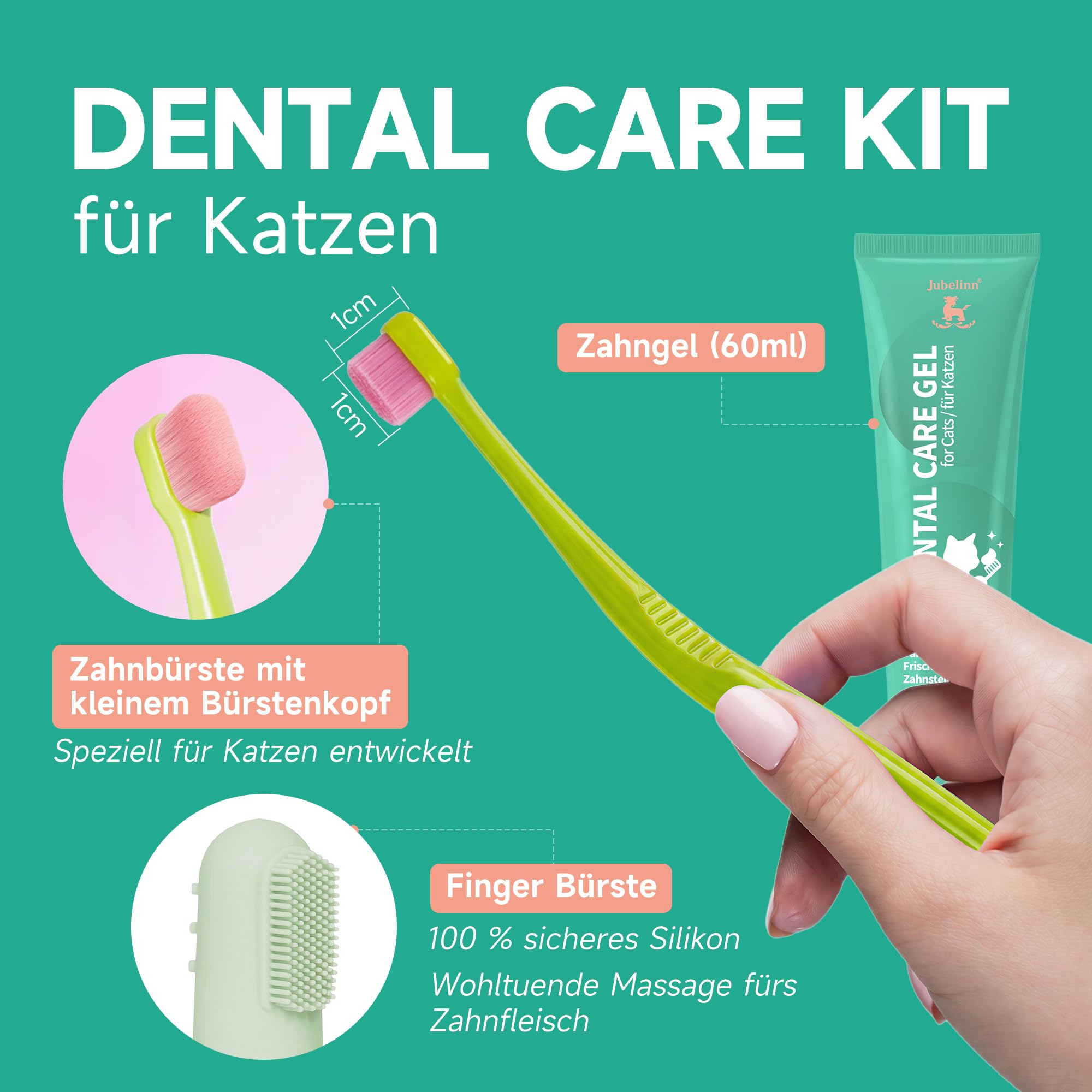Zahnpflege Set für Katze - Zahnpasta mit Thunfischgeschmack - Frischen Atem - Beugt Zahnstein & Entzündungen vor - Katze Zahnbürste - Finger Zahnbürste - Dental Care Gel 60ml