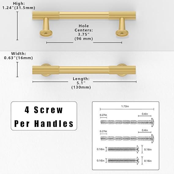 10 Pack Brushed Gold Cabinet Pulls 3.75 Inch(96mm) Kitchen Cupboard Handles Solid Zinc Alloy Cabinet Hardware Drawer Pulls