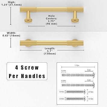 10 Pack Brushed Gold Cabinet Pulls 3.75 Inch(96mm) Kitchen Cupboard Handles Solid Zinc Alloy Cabinet Hardware Drawer Pulls