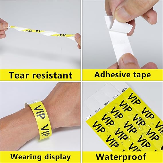 500 Pcs VIP Paper Wristbands for Events Waterproof Wrist Bands Lightweight Festival Identification Bracelets Neon Adhesive Event Arm Bands for Party(Yellow)