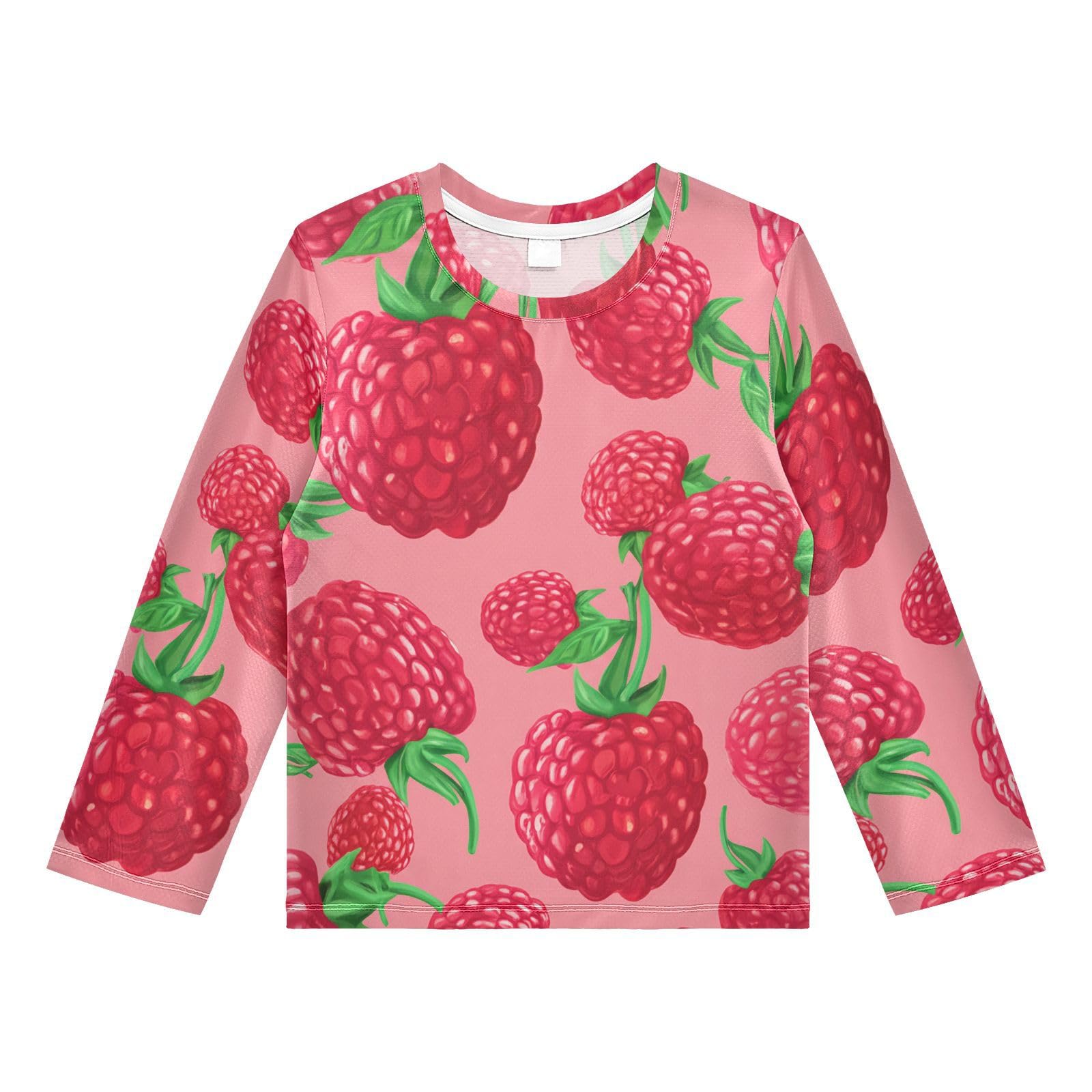 DOMIKING Raspberry Leaves Pink Boys Long Sleeve Rashguard Shirt Kids Quick Dry Swim Shirt for Kids Toddlers 11-12T