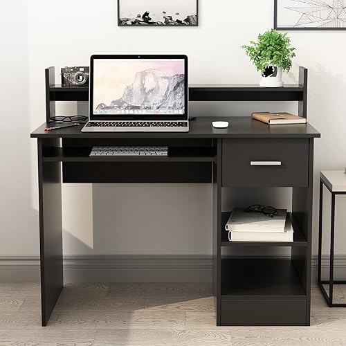 Miniatura 9 de soges Escritorio de oficina en casa escritorio de computadora de 394 pulgadas con cajón y estantes escritorio de madera negra para oficina en casa