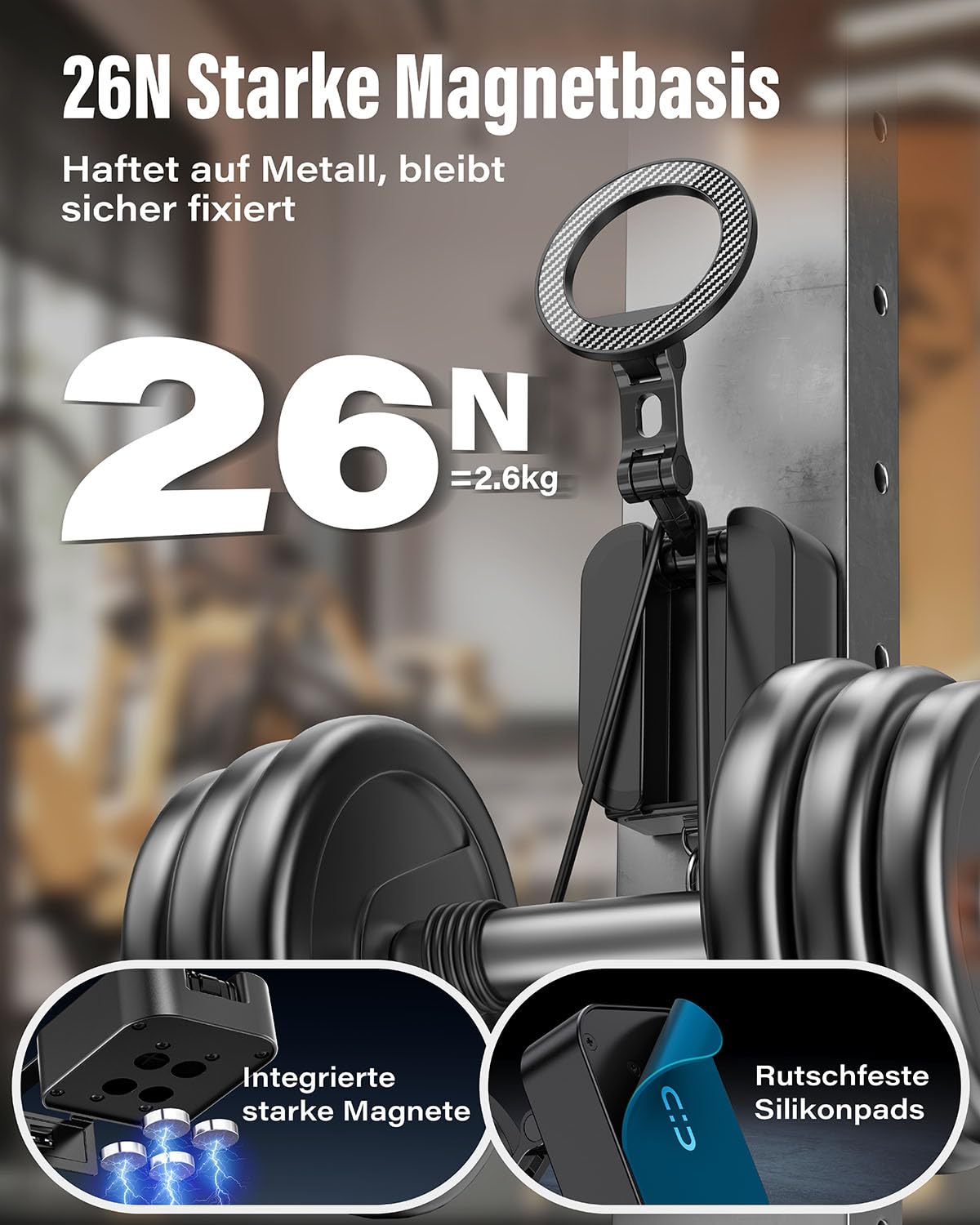 A2C 3-in-1 Magnetische Handyhalterung fürs Gym, extra Starke Magnetkraft, Faltbare Handyhalterung mit Clip für Reise & Schreibtisch, Fitness Zubehör & Geschenk für Männer und Frauen