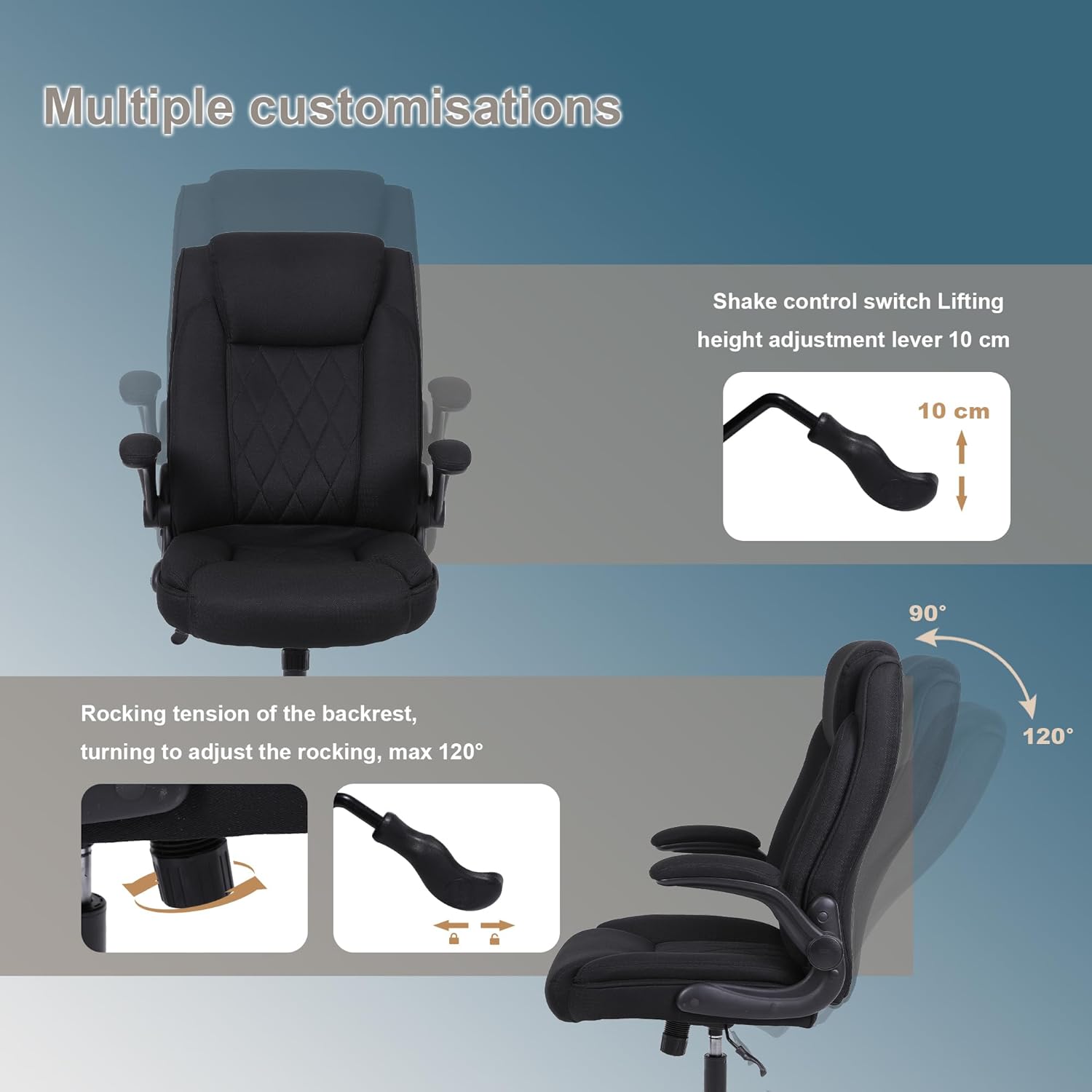 Diagram illustrating the chair's customization options: shake control switch for 10 cm height adjustment, and rocking tension adjustment for a tilt range of 90 to 120 degrees.