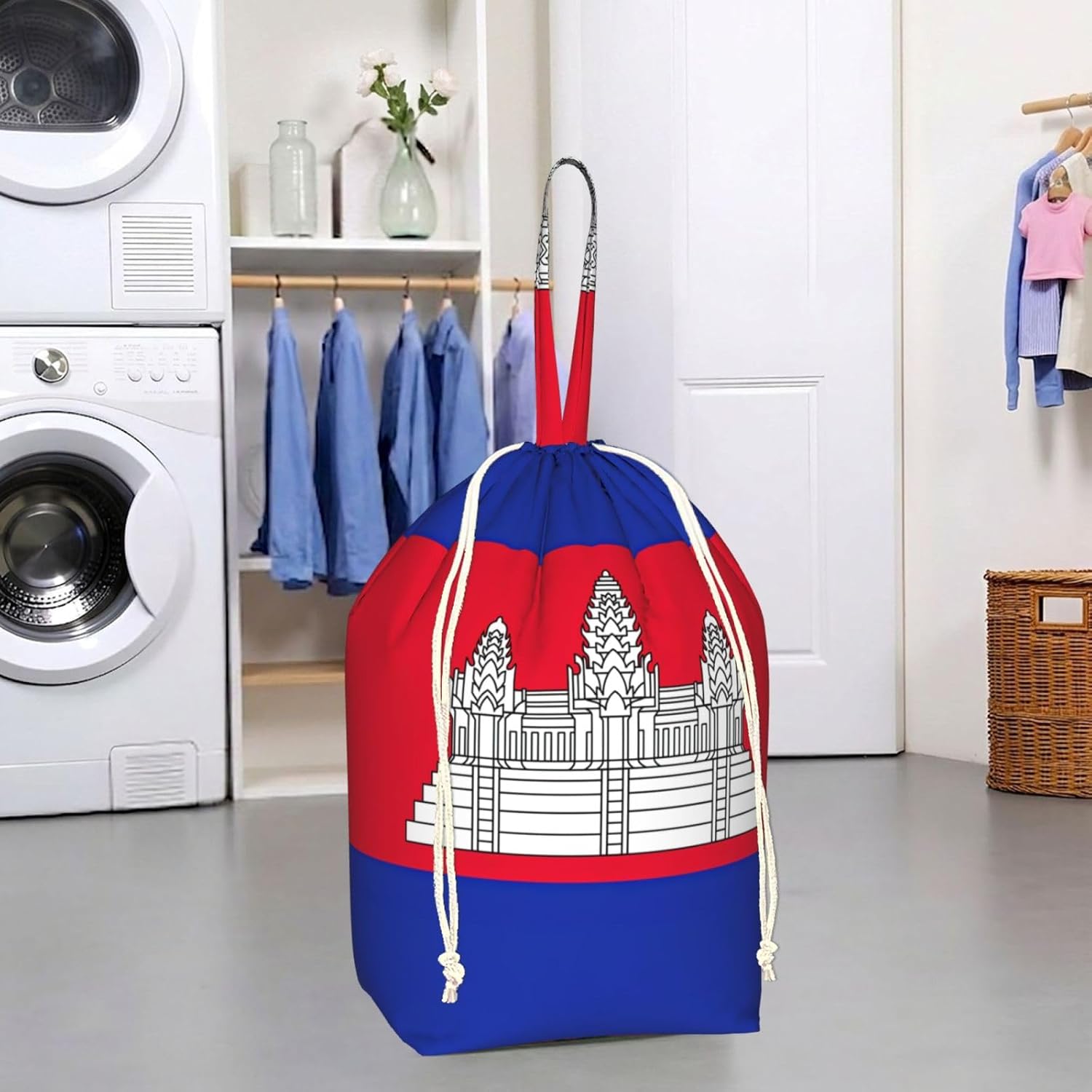 Oxford Cambodia Flag Print Large-capacity drawstring laundry bag with Handles for Dorm,Hotel