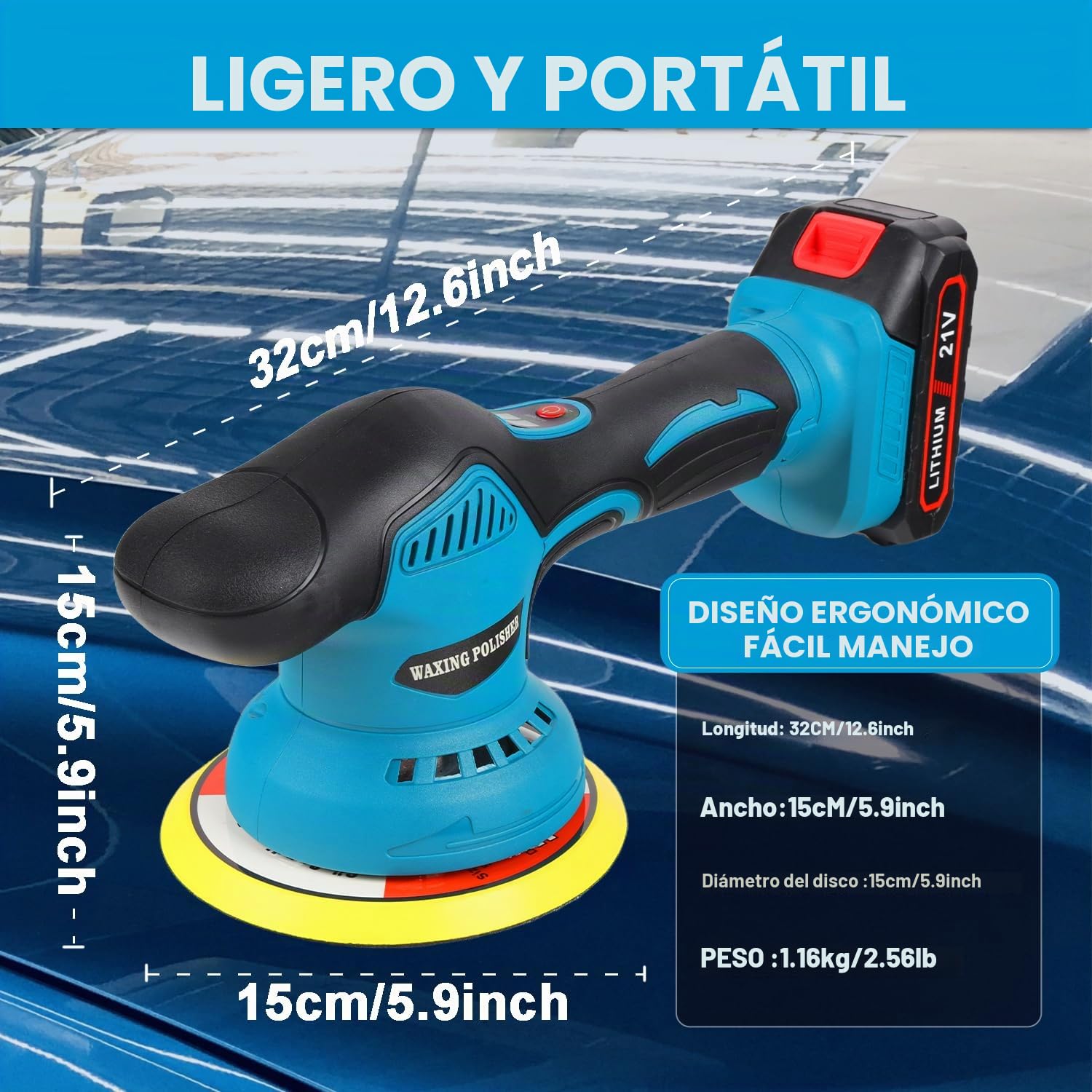 HERZO Pulidor de batería de 150mm, amortiguador y pulidor de coche, 6 velocidades variables, juego de pulido automático, 2 baterías de 21 V 1,5 Ah, pulidor inalámbrico para el cuidado del automóvil