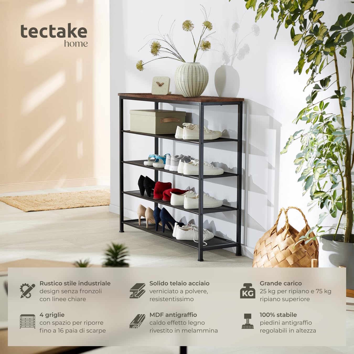 tectake® Scarpiera 100x30,5x93 cm, Scarpiera Salvaspazio slim, 4 Ripiani Rete, Scaffale Scarpe Uomo, Scarpe Donna, Stivali, Ideale Ingresso, Corridoio, Soggiorno, Stile Industriale - Legno Scuro