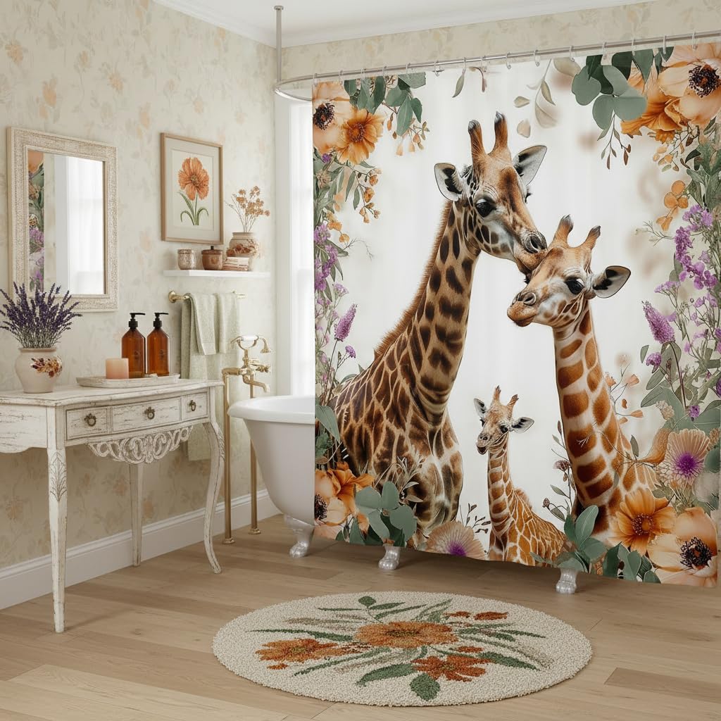 3D Giraffe Shower Curtain,Brown Giraffe Skin Print Bathroom Curtain,Flower Leaves Waterproof Curtain for Kids Girls Boys Adult Room Decor,Tropical Wild Animals Bath Curtain,12 Hooks,72"Wx78"L