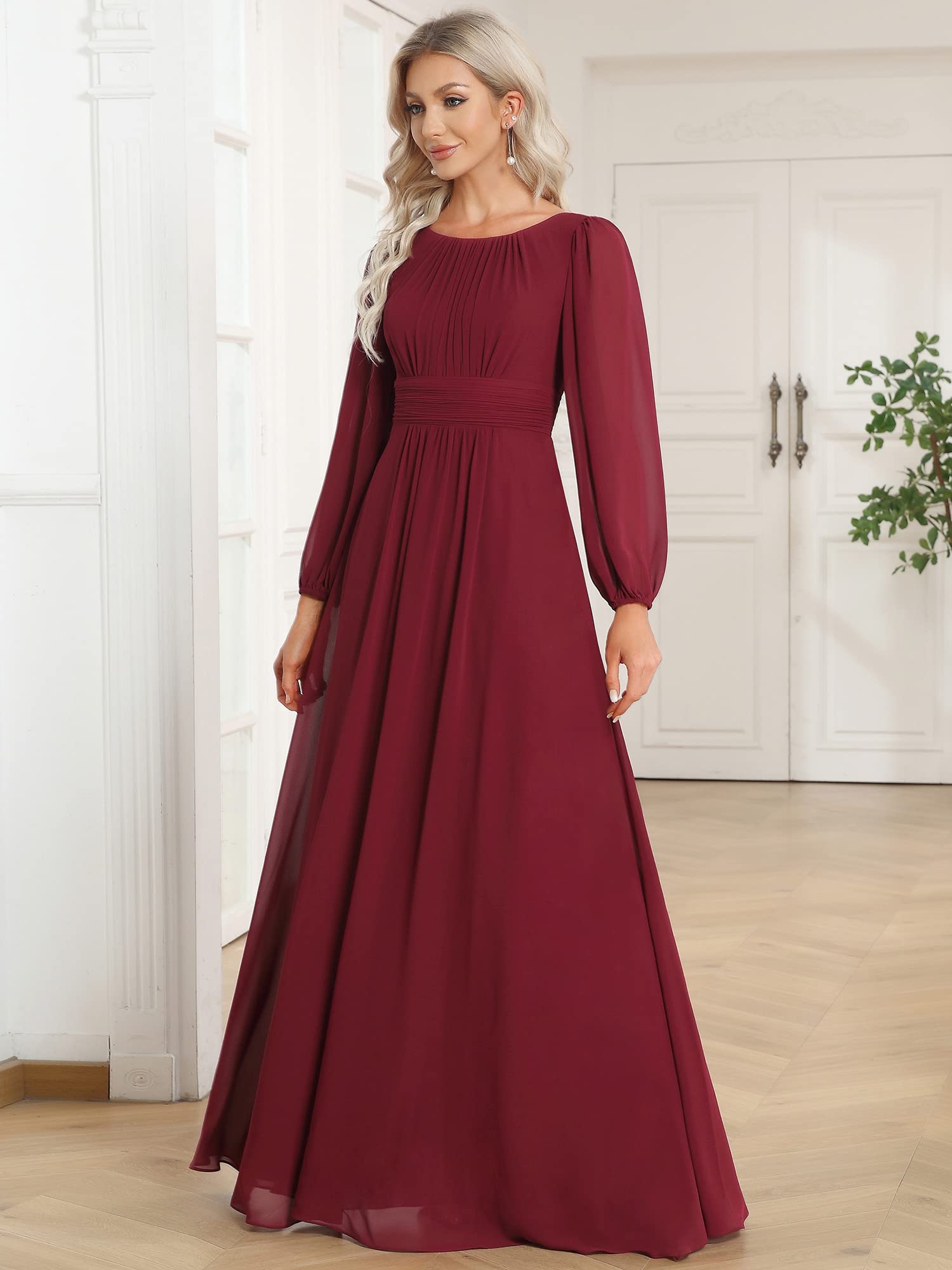 Ever-Pretty Vestito da Sera Donna Lungo Cintura Rotondo Manica Lunga Elegante Abiti da Cerimonia Borgogna 36