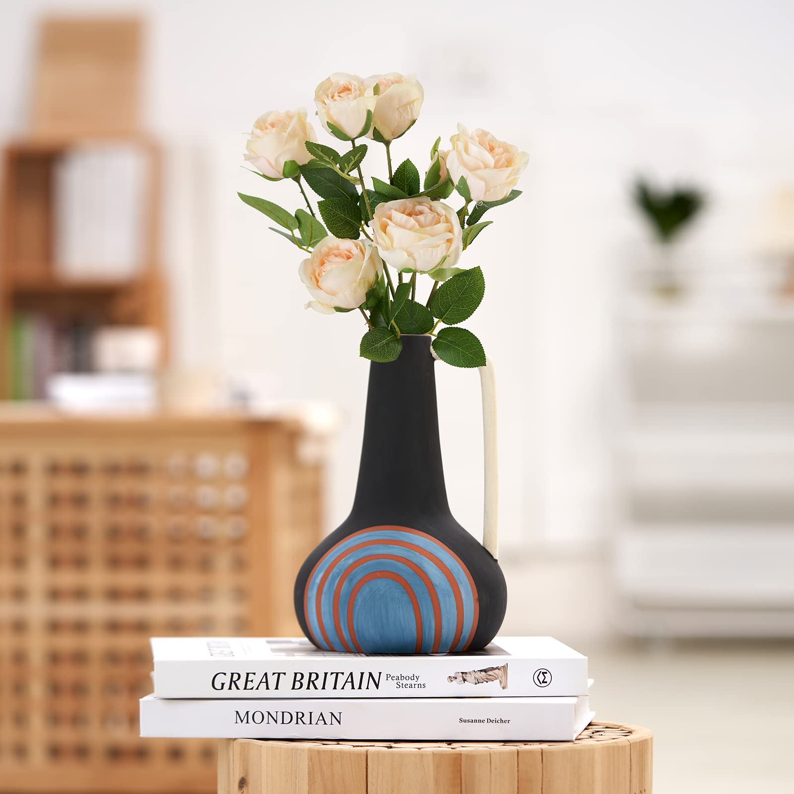 Flower Vases for Rustic Home Decor, Handmade Ceramic Vase for Modern Farmhouse Decor, Living Room Decor, Shelf Decor, Table Decor, Bookshelf, Mantel and Entryway Decor Black
