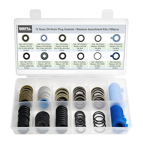 Miniatura 2 de DEEFILL Kit de surtido de juntas de tapón de drenaje de aceite de goma metálica de 100 piezas y 12 tipos para reemplazar 097-021, 097-025, 097-035,