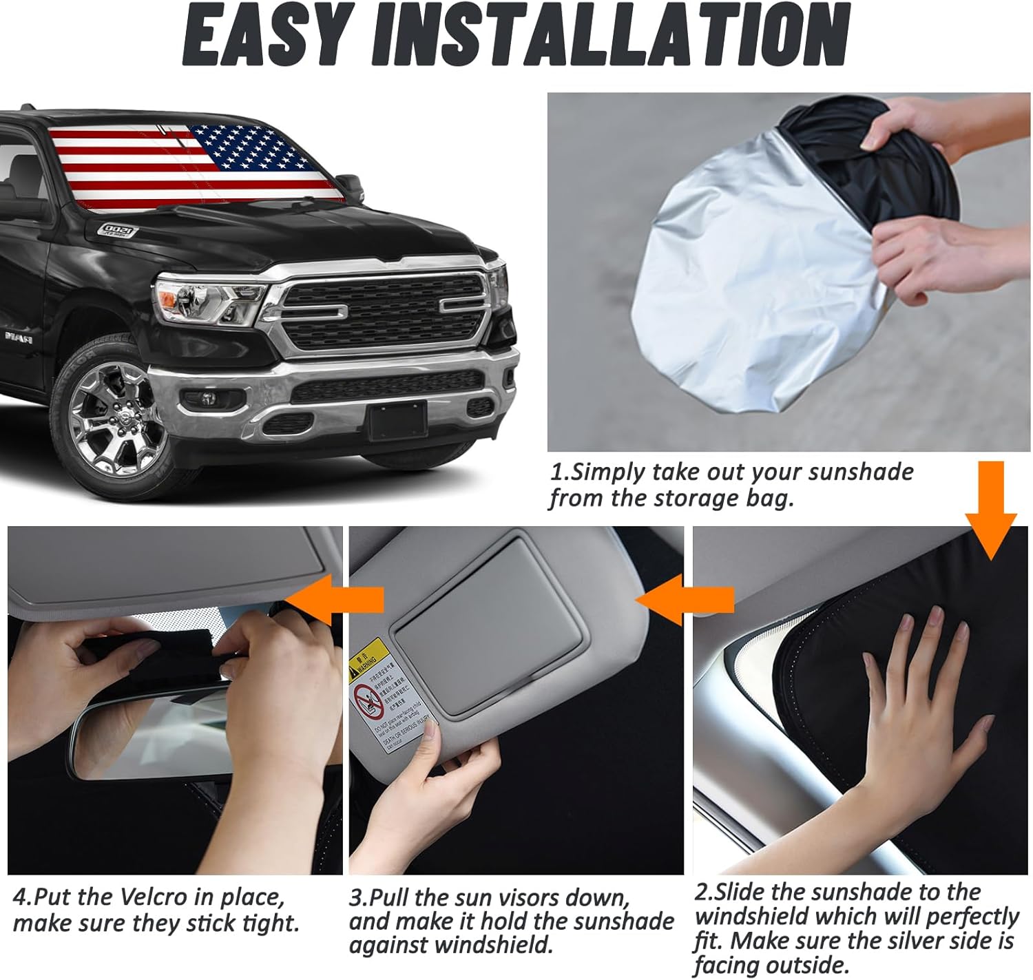 D-Lumina for 2019-2025 Dodge Ram 1500 Windshield Sun Shade American Flag, Front Window Sunshade Sun Visor Protector Block UV Rays Heat Fit Ram 1500 CrewCab, MegaCab Pickup, 2Dr RegularCab, 4Dr QuadCab