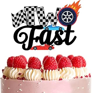 Tow Fast Cake Topper,Race Car Theme 2nd Birthday Cake DecorFor Boy,Chequered Flag Decorations Supplies For Boy's Tow Years...