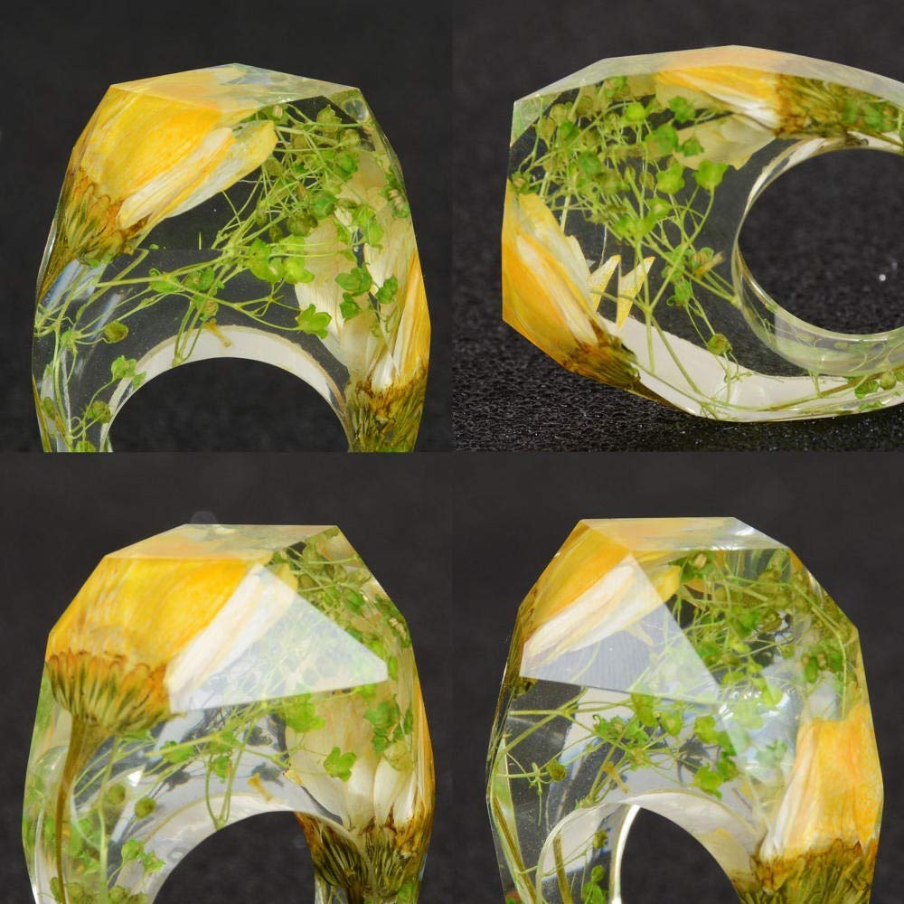 OwKay Gioielli fatti a mano Anello geometrico in resina di cristallo con fiori di crisantemo all'interno Anelli a fascia per i regali di nozze della sposa