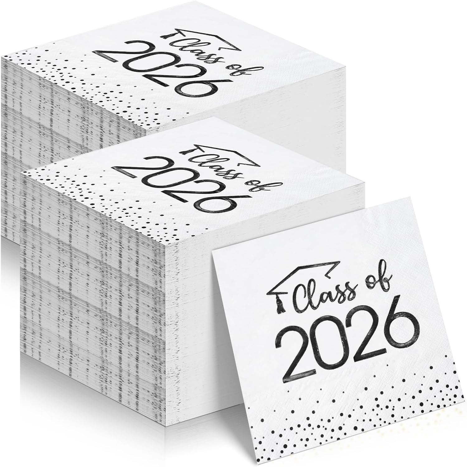 200Pcs Class of 2026 Graduation Napkins, Disposable Congrats Grad Paper Cocktail Napkins Square Foil Dot Hand Towels for 2026 School University College Graduation Party Decorations（White Black）