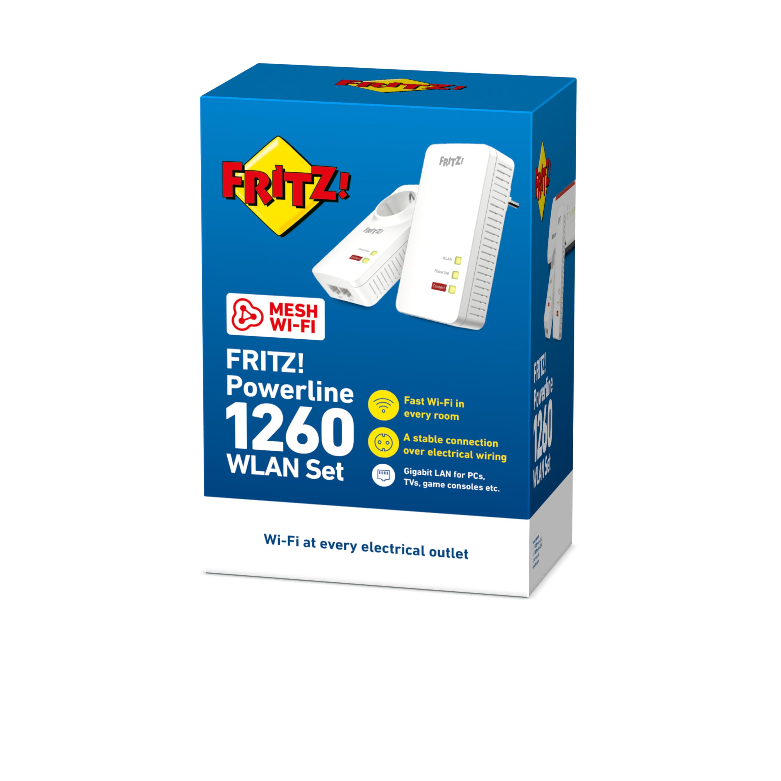 Fritz!Powerline 1260 WLAN Set International - Adaptador/Extensor de Red por línea eléctrica, PLC, IEEE P1901, 1200 Mbps, Base WiFi AC integrada, Mesh, 1 Puerto Gigabit, Interfaz en Español