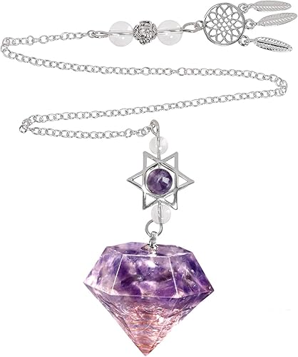 Rockcloud Péndulo de piedra para meditación de división de radiestesia, reiki, curación, equilibrio de energía con atrapasueños, cristal de amatista
