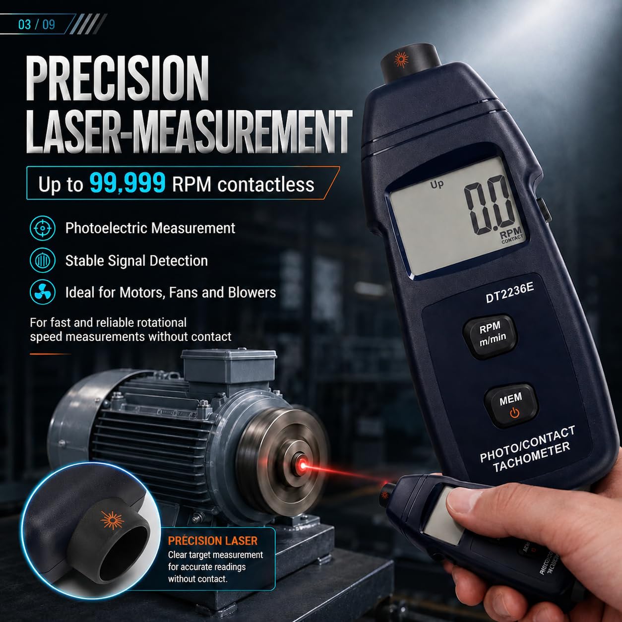 Tachymètre Numérique 2 en 1 sans Contact/Contact, 2,5-99999 tr/min | Compte-Tours DT2236E avec Mesure Optique, Vitesse de Surface 0,05-1999,9 m/min, Mémoire 96 Données; Piles non Incluses