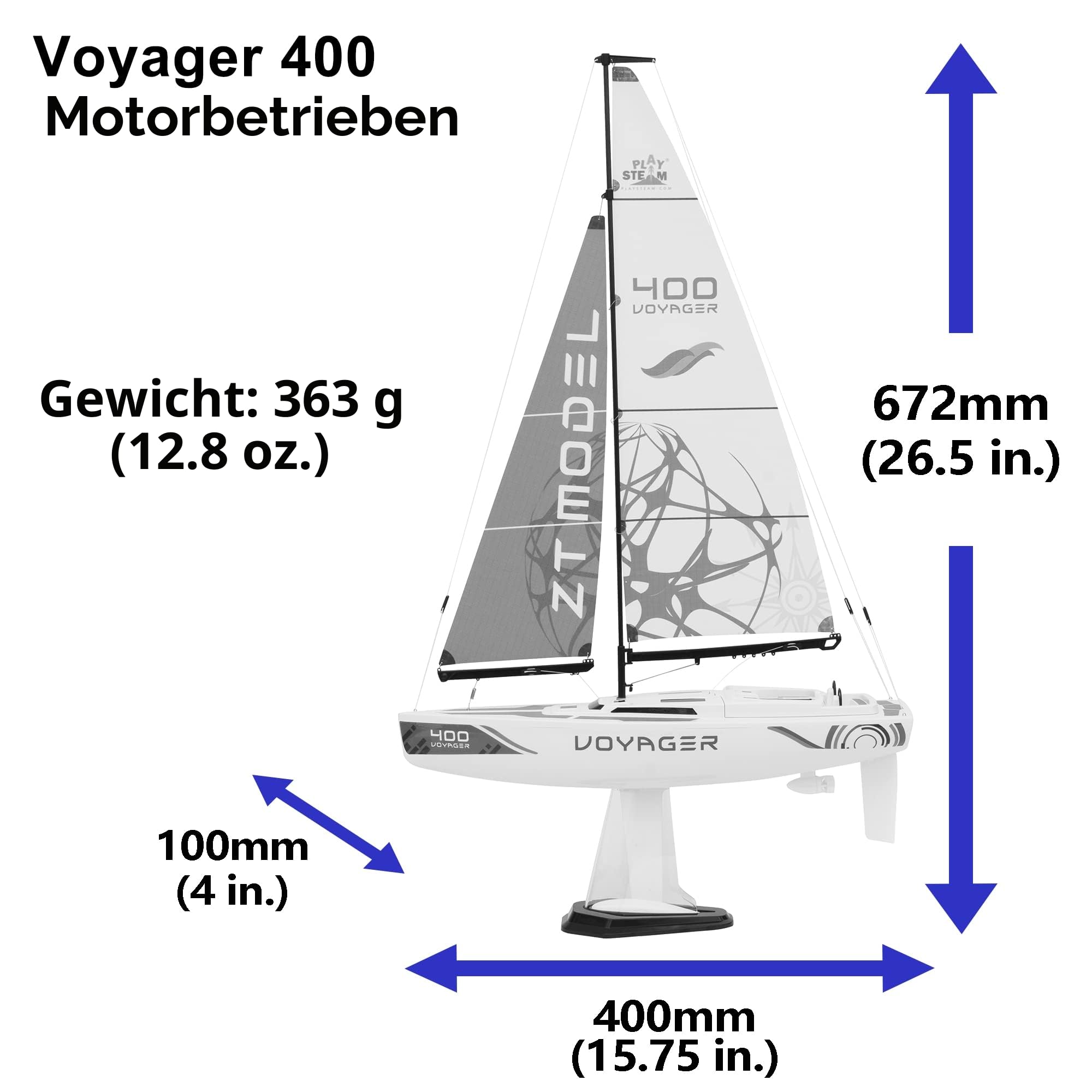 Voyager400 2.4GHz RC-Segelboot mit Motorantrieb, in Rot, 66 cm Höhe, fernsteuerbar, schnelles Modellboot mit Akku für Erwachsene und Kinder