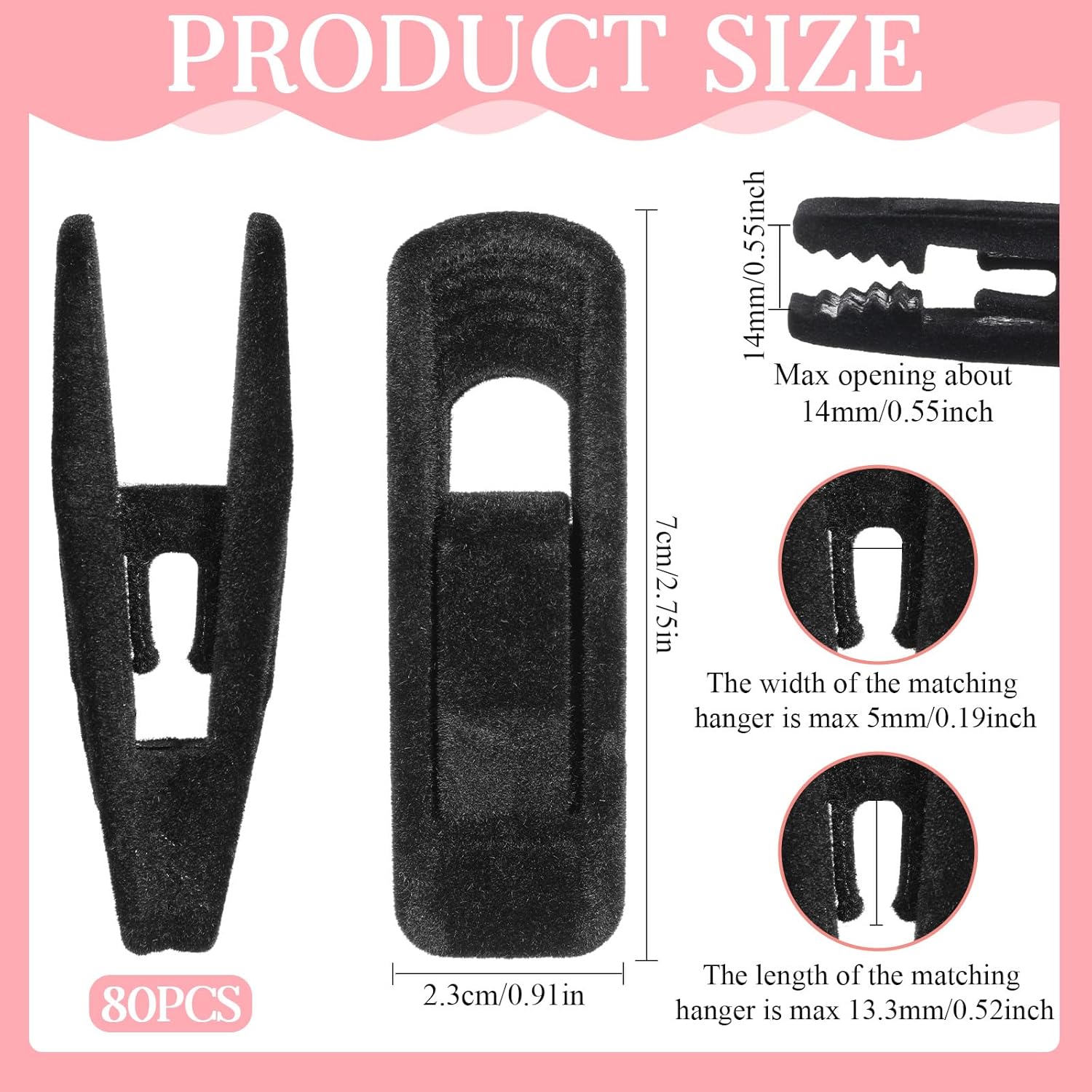Black Velvet Hangers Clips, 80 Pack Strong Finger Clips Velvet Pants Hanger Velvets Clip Skirt Hanger Clip for Thin Velvets Clothes Suit Hangers