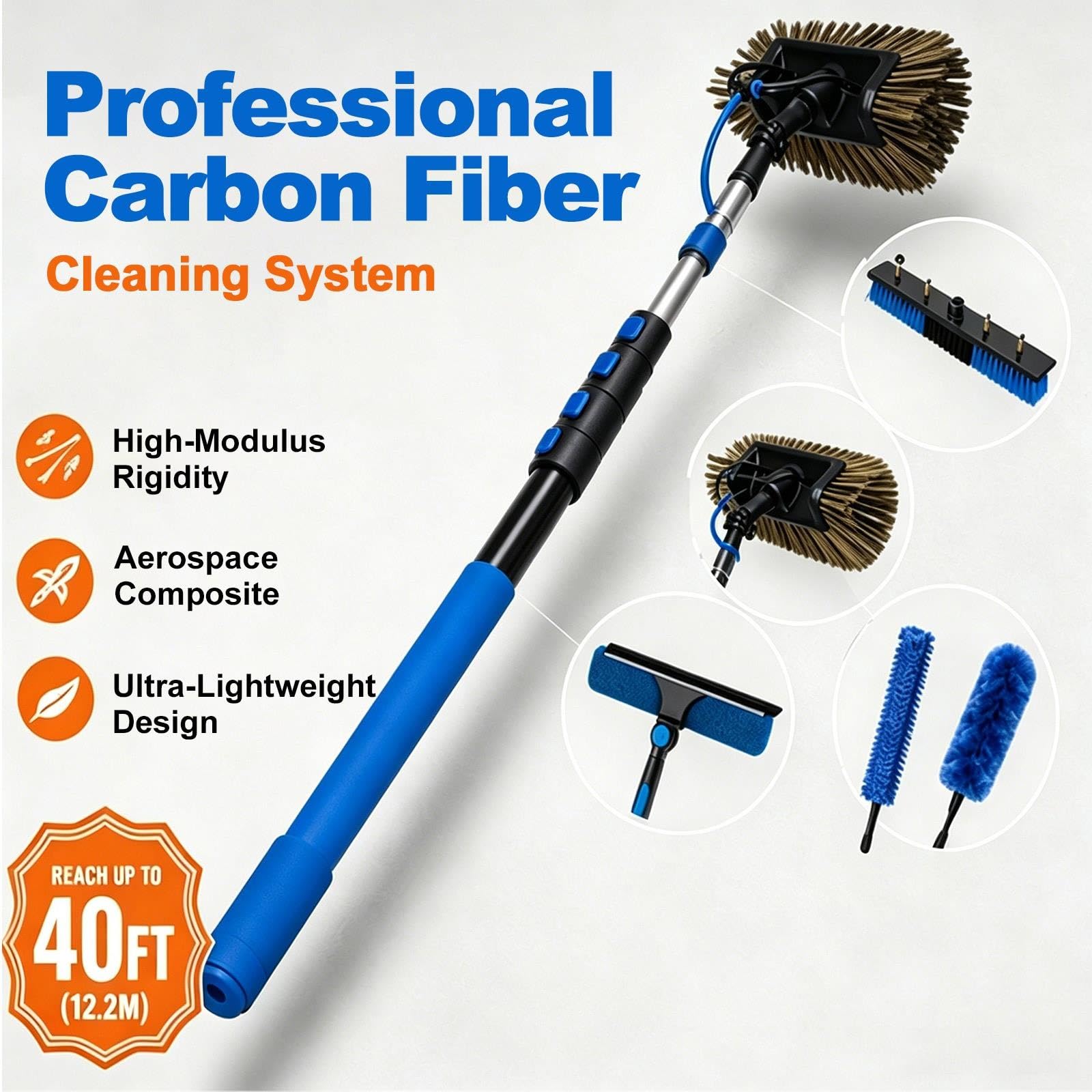Limpiaventanas Telescópico de Carbono con Cepillo | Cepillo de Lavado con Extensión, Rasqueta y Equipo Profesional para la Limpieza de Techos y Terrazas(12.2m(40FT))