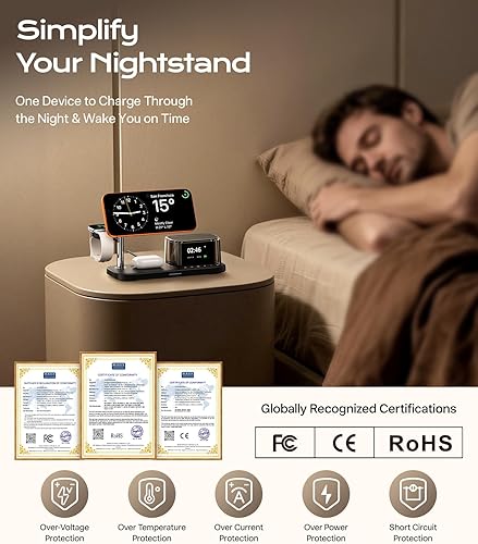 Miniatura 9 de Estación de carga 5 en 1 de 45 W con altavoz Bluetooth y reloj despertador y luz nocturna, cargador inalámbrico rápido Qi2.2 de 25 W para cargador