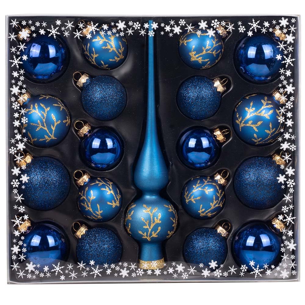 MAGIC Kugelsortiment Glas Dekor 19 TLG. mit Spitze Christbaumkugeln Christbaumschmuck Tannenbaum Deko Weihnachten Weihnachtskugeln (Midnight Blue
