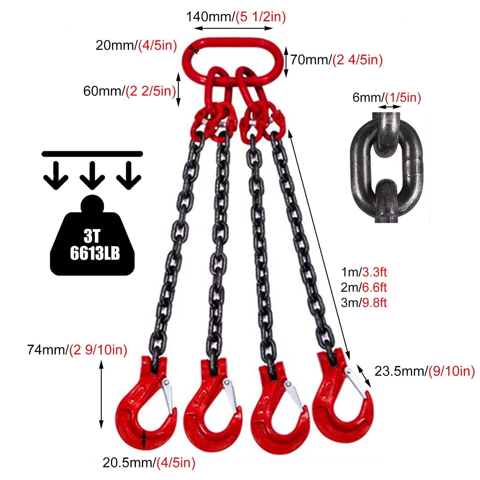 Chain Sling 4 Leg, 3 6 10 Feet Lifting Chains with Hooks for Engine Chain Hoist Lifts, Alloy Steel Overhead Lifting Sling for Cargo Security Towing and Handling(Load 3 Ton L 2 M (6.6 FT) 4 Hook)