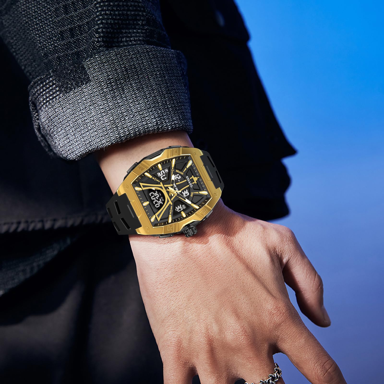 Gosasa Tonneau, orologio sportivo da uomo, alla moda, analogico, digitale, resistente all'acqua fino a 50 m, orologio da polso oversize con retroilluminazione a LED, cronometro, sveglia